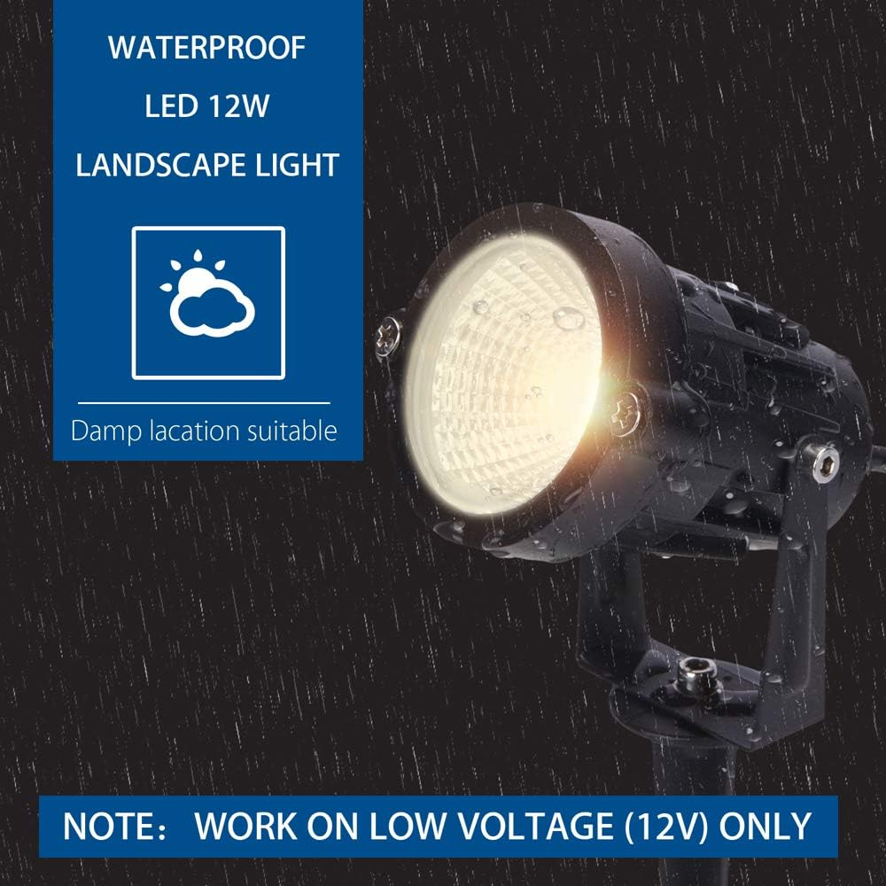 SUNVIE 12W LED Landscape Lights Low Voltage (AC/DC 12V) Waterproof Landscape Lighting Garden Pathway Lights Super Warm White (900LM) Walls Trees Flags Outdoor Spotlights with Spike Stand (2 Pack) image number 6