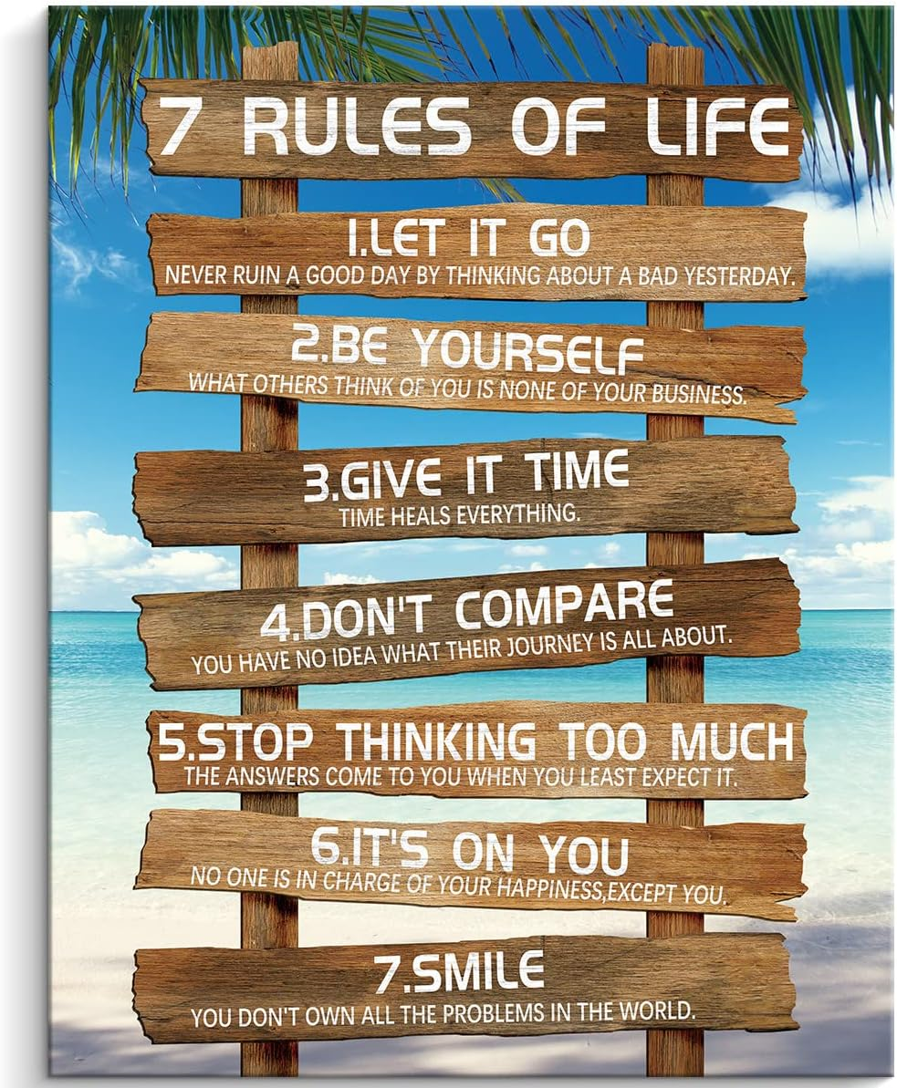 Kas Home Inspirational Wall Art - 7 Rules of Life Motivational Canvas Wall Decor Beach Positive Quotes Living Room Rustic Framed Art Gift for Bedroom Bathroom (12 X 15 Inch, Brown - 7 Rules) - White-Love image number 2
