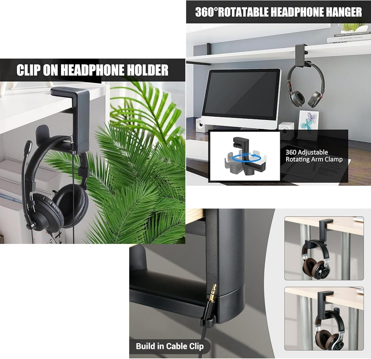 RJDJDLXM 360-Degree Rotating Computer Headset Suspension Stand，With Cable Storage Clip Included,Gaming Headset Holder, Make the Gaming Area or Office Area More Neat and Clean. (White) image number 1