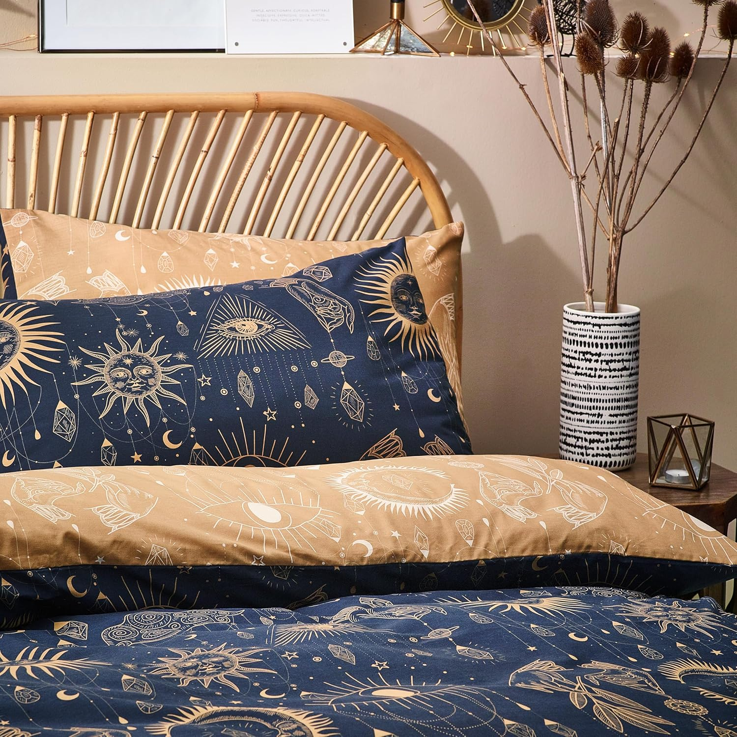 Furn. Constellation Duvet Cover Set &ndash; Celestial Galaxy Print with Stars & Moons, Reversible Polycotton Bedding (Gold/Navy &ndash; Super King) image number 3