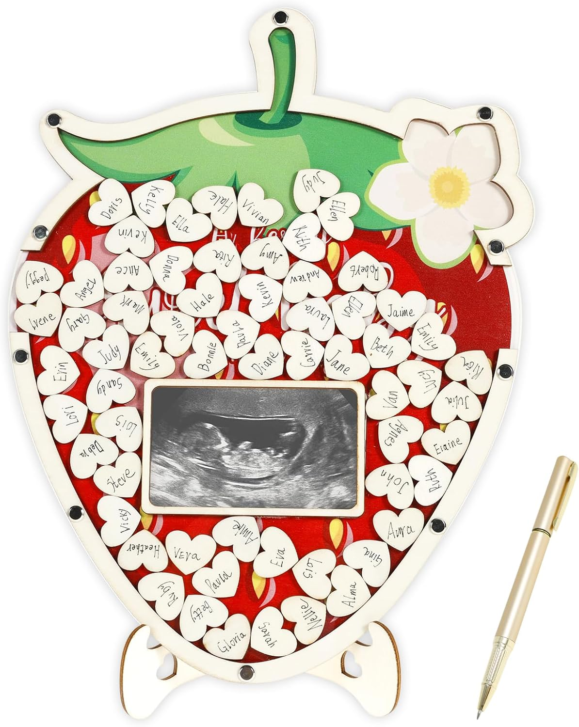 Strawberry Baby Shower Guest Book Decoration with Photo Frame and 60 Wood Slices Wood Guest Book Alternative a Berry Sweet Baby Is on the Way Decor for Birthday image number 6