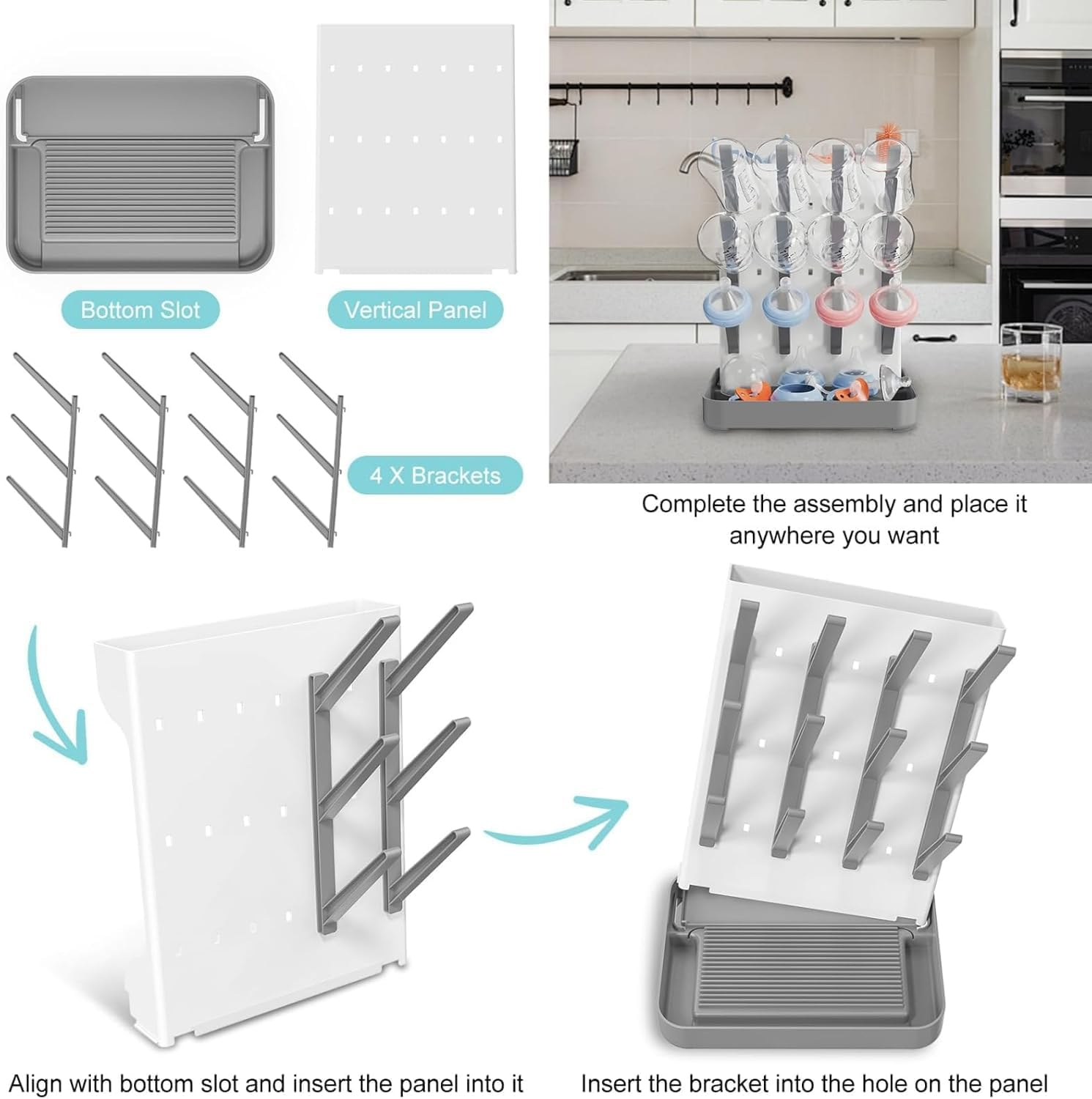 Baby Bottle Drying Rack Space Saving, Large Vertical Baby Bottle Storage Organizer & Bottle Dryer Rack for 12 Pc 8 Oz Bottles and Baby Accessories,Pump Parts,Pacifiers or Brush Stand - Bpa-Free - Gray