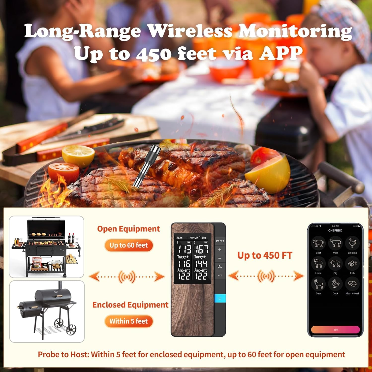 Kisfam Wireless Meat Thermometer - Bluetooth Thermometer with Dual Meat Probe, 373M Range, App Control for BBQ, Grill, Smoker, Oven image number 2