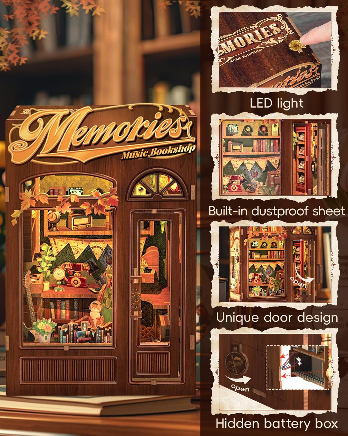 CUTEBEE Book Nook Kit - DIY Miniature House Kit for Bookshelf Decor, Book Nook Kits for Adults, 3D Wooden Puzzle Dollhouse for Family, Friends (Memories Music Bookshop) image number 5