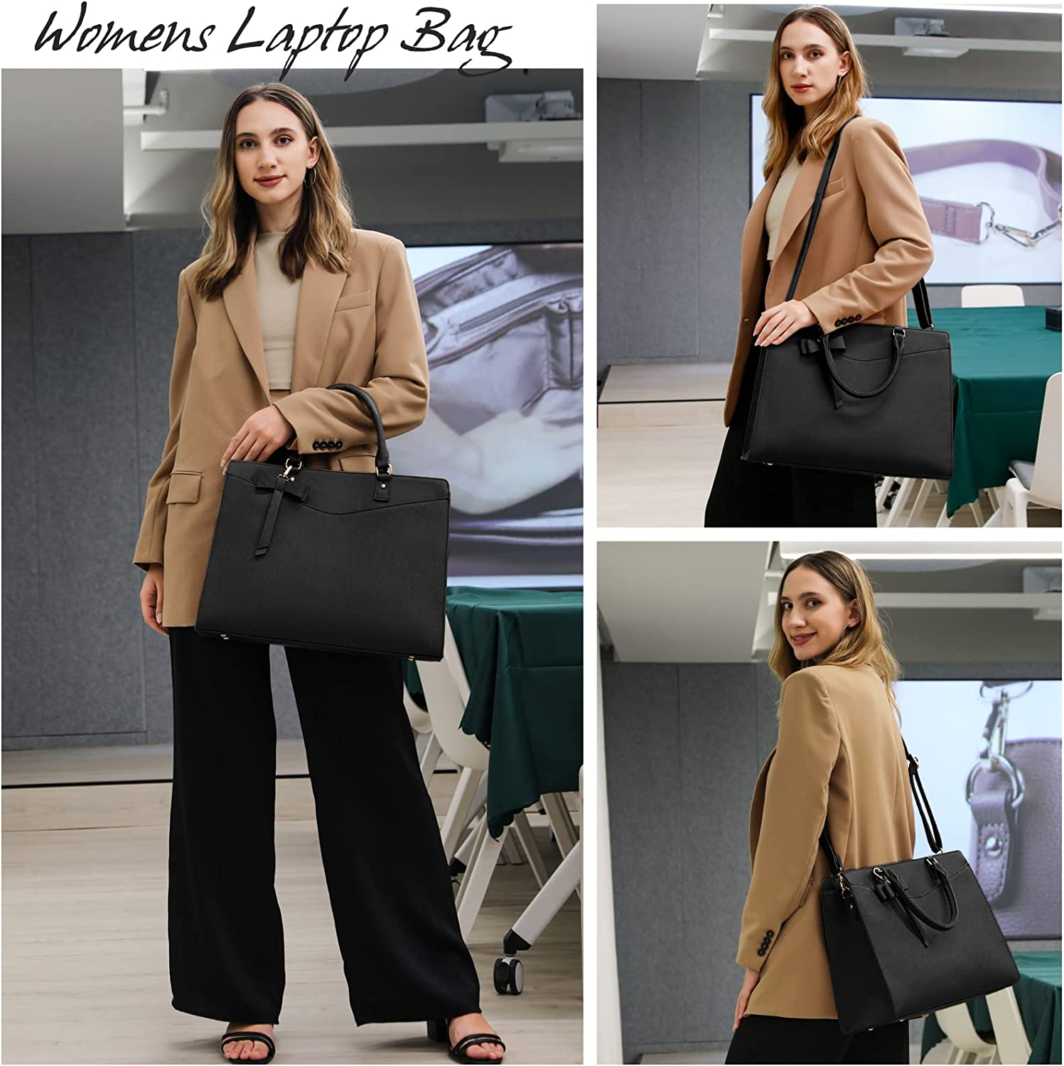Laptop Bag for Women 15.6 Inch Waterproof PU Leather Tote Bag Business Office Work Bag Briefcase Computer Tote Bag - Khaki image number 6