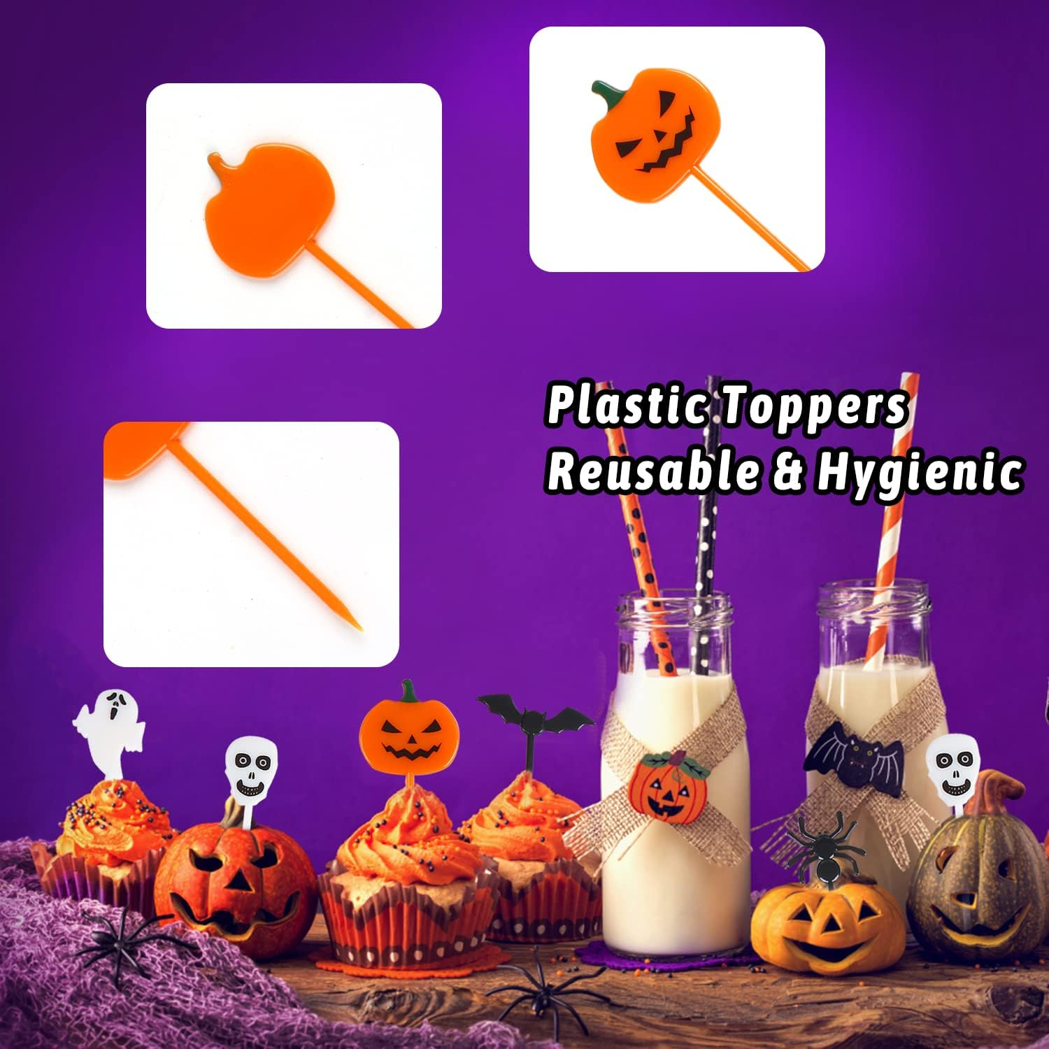 KIMOBER 50PCS Plastic Halloween Cupcake Toppers,Pumpkins,Ghosts,Spiders,Bats,Skeletons Food Picks for Halloween Decorations