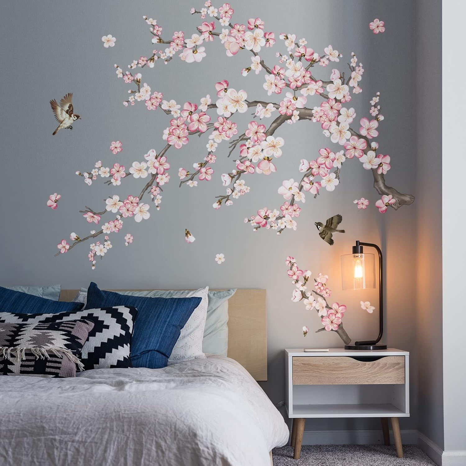 Wondever Cherry Blossom Wall Stickers Pink and White Flower Tree Branch Peel and Stick Wall Art Decals for Living Room Bedroom TV Wall image number 4
