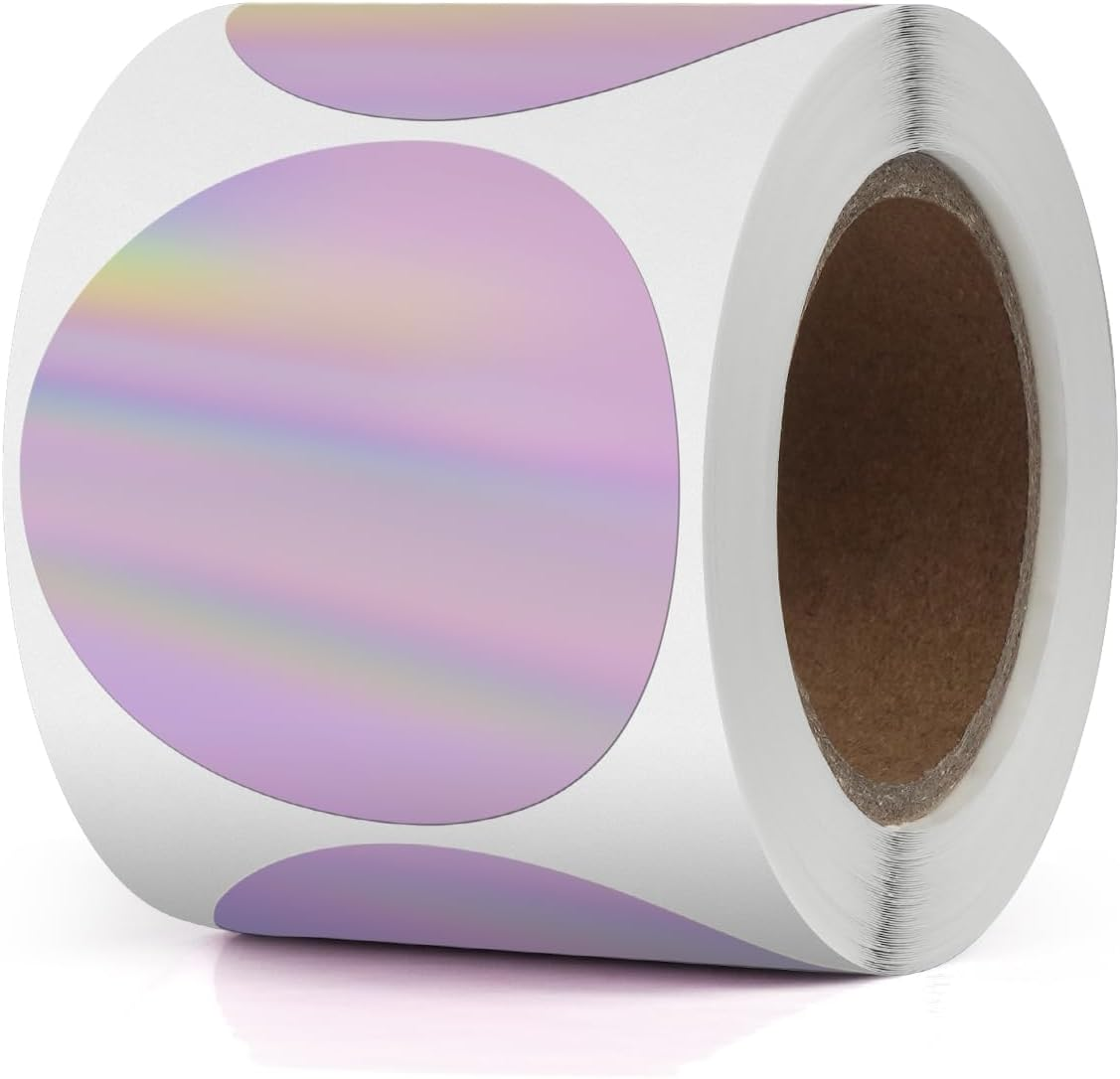YKIADA Holographic round Thermal Labels Vinyl Purple 2 Inch Self-Adhesive Laser Direct Circle Stickers Roll Waterproof Printable Decals for QR Code DIY Name Tag 200 PCS