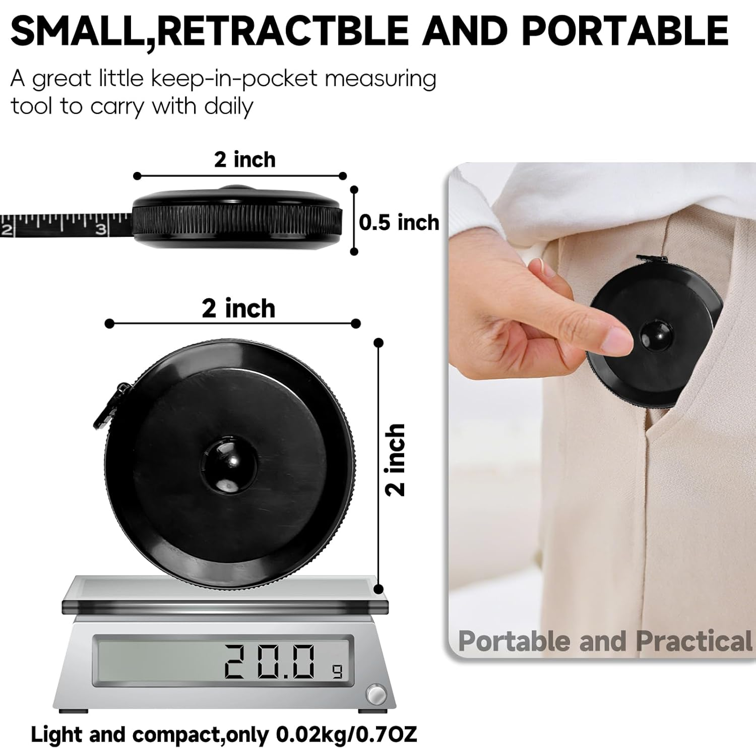 1 Pack Soft Tape Measure Retractable Measuring for Body Fabric Sewing Tailor,Black Sewing Tape Measures,Small Push Buttondouble Scales Rulers 79-Inch 2 Meter(Black White)