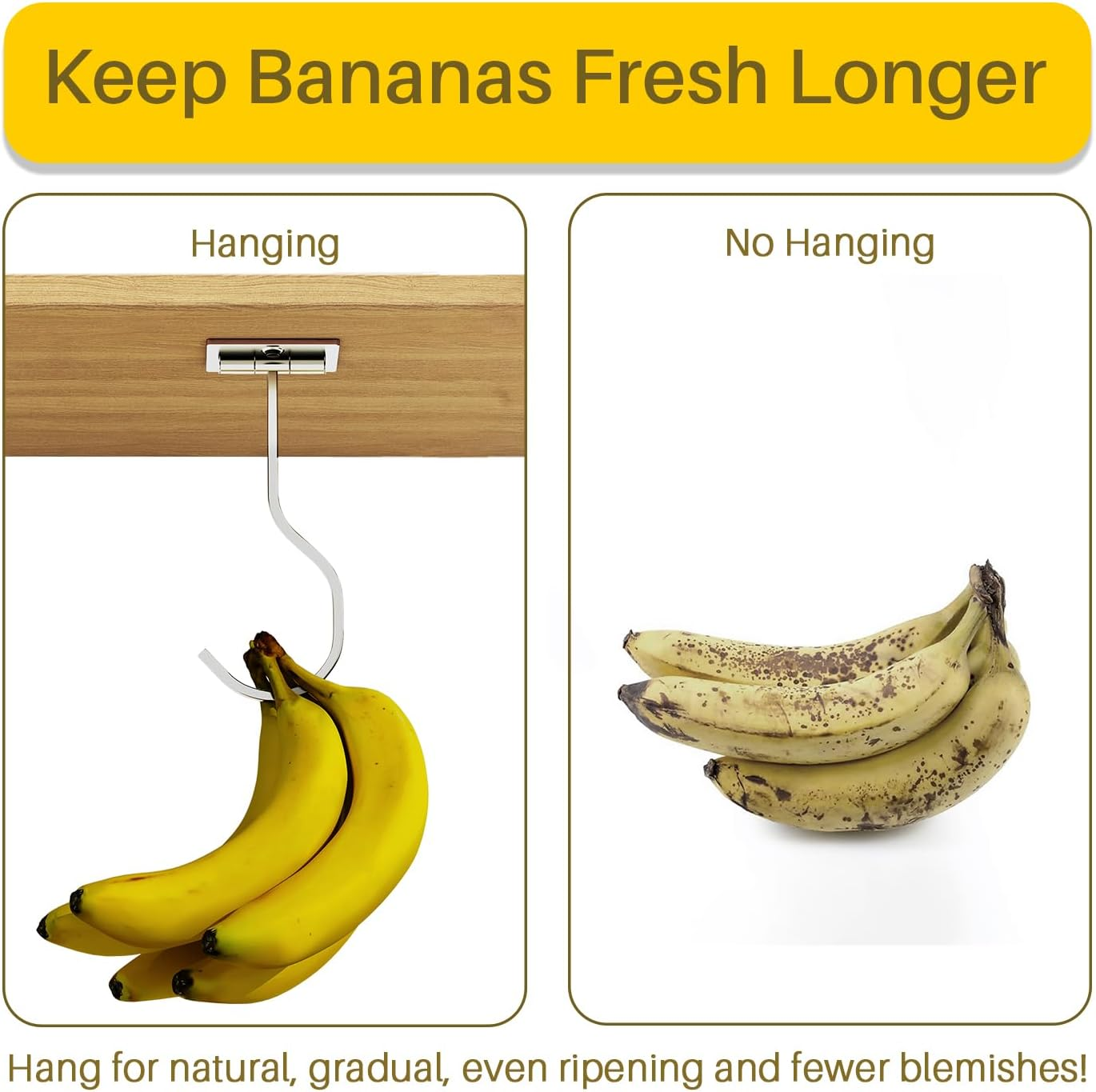 2-Pack Self Adhesive Banana Hook, Metal Banana Hanger Hook,Under Cabinet Hook for Bananas or Kitchen Items, Foldable Banana Hook, Folds up with Magnets When Not in Use, Keep Bananas Fresh, Silver image number 1