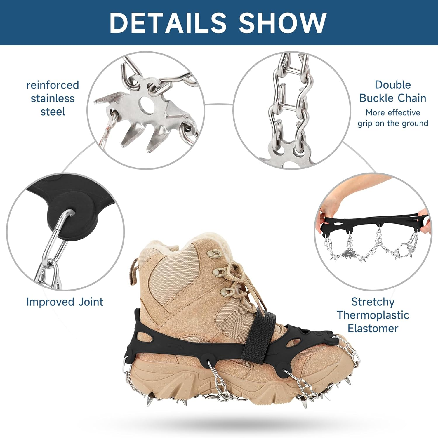 KOMCLUB Crampons Ice Cleats for Snow Boots and Shoes Traction Grips Women Men anti Slip 19 Stainless Steel Spikes Safe Protect for Hiking Walking Fishing Climbing Mountaineering Jogging L/XL image number 4