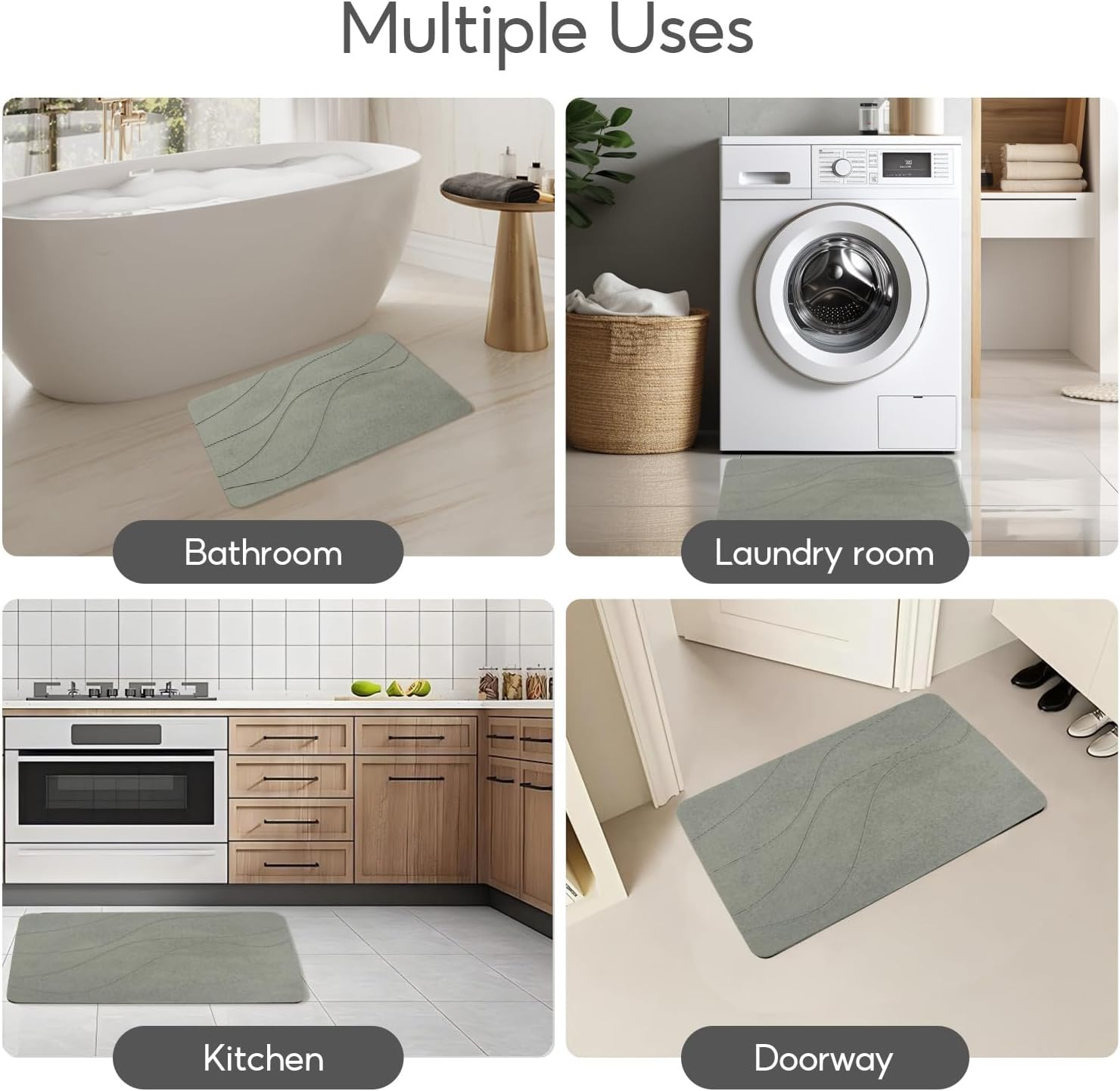 Natureva Home - Stone Bath Mat | Super Absorbent, Quick Dry, Non Slip | Modern Diatomite Bathroom Mats | Made of Natural Diatomaceous Earth (Light Gray, 60 * 40CM, Flat) (Line) image number 2