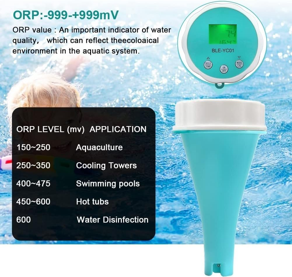 Pool Water Quality Tester Bluetooth Pool Monitor Digital Temp Chlorine, 6 in 1 Pool Thermometer, PH CL EC TDS ORP Temperature for Swimming Pool, Aquarium, Laboratory image number 6