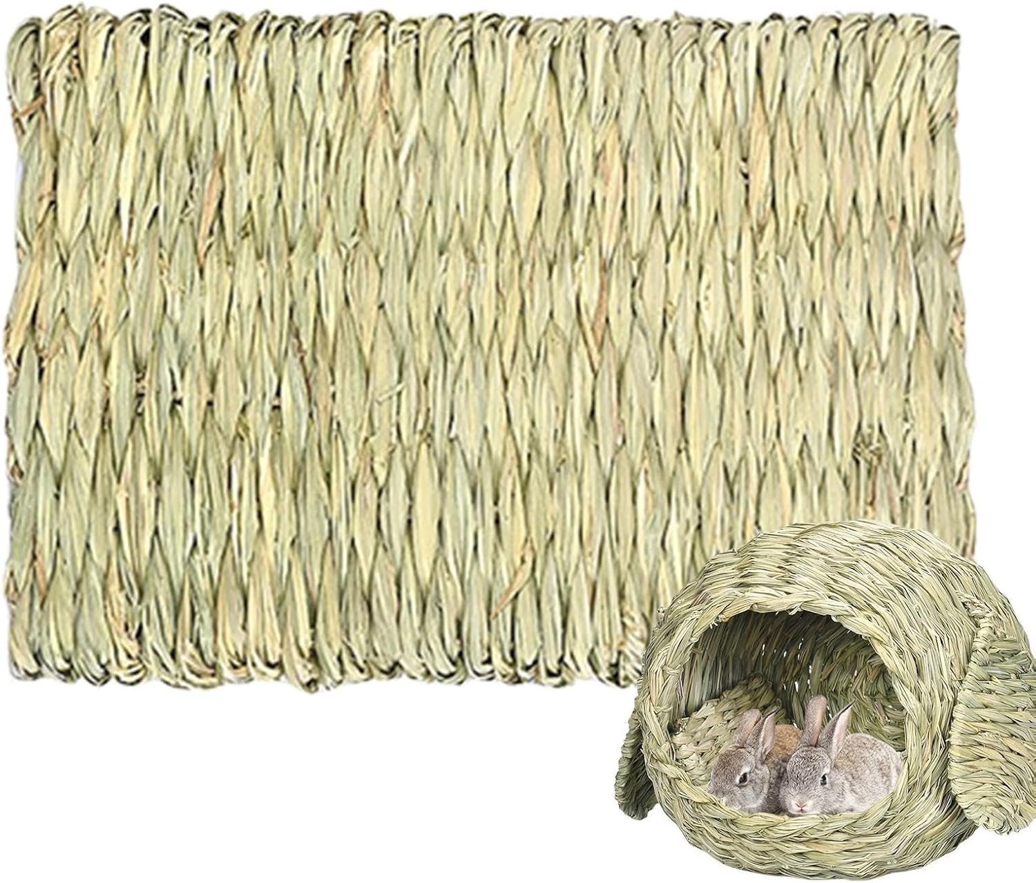 Grass House for Rabbits - Naturally Manufactured Animal Shelter, Comfortable Animals Hut Play Hideaway Bed Hay Mat Chew Toy for Bunny Guinea Pig Hamster Chinchilla