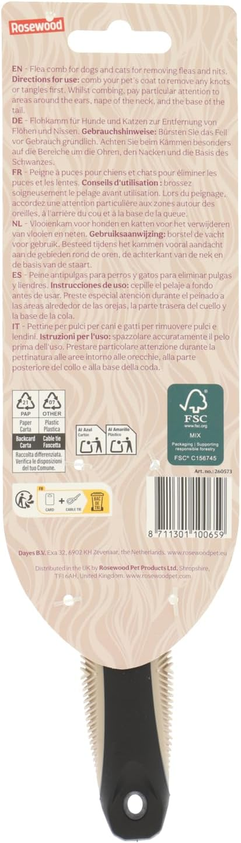 Rosewood Flea Comb for Dogs and Cats - Fine Flea and Egg Removal Comb - Black - for Targeted Care of Sensitive Areas