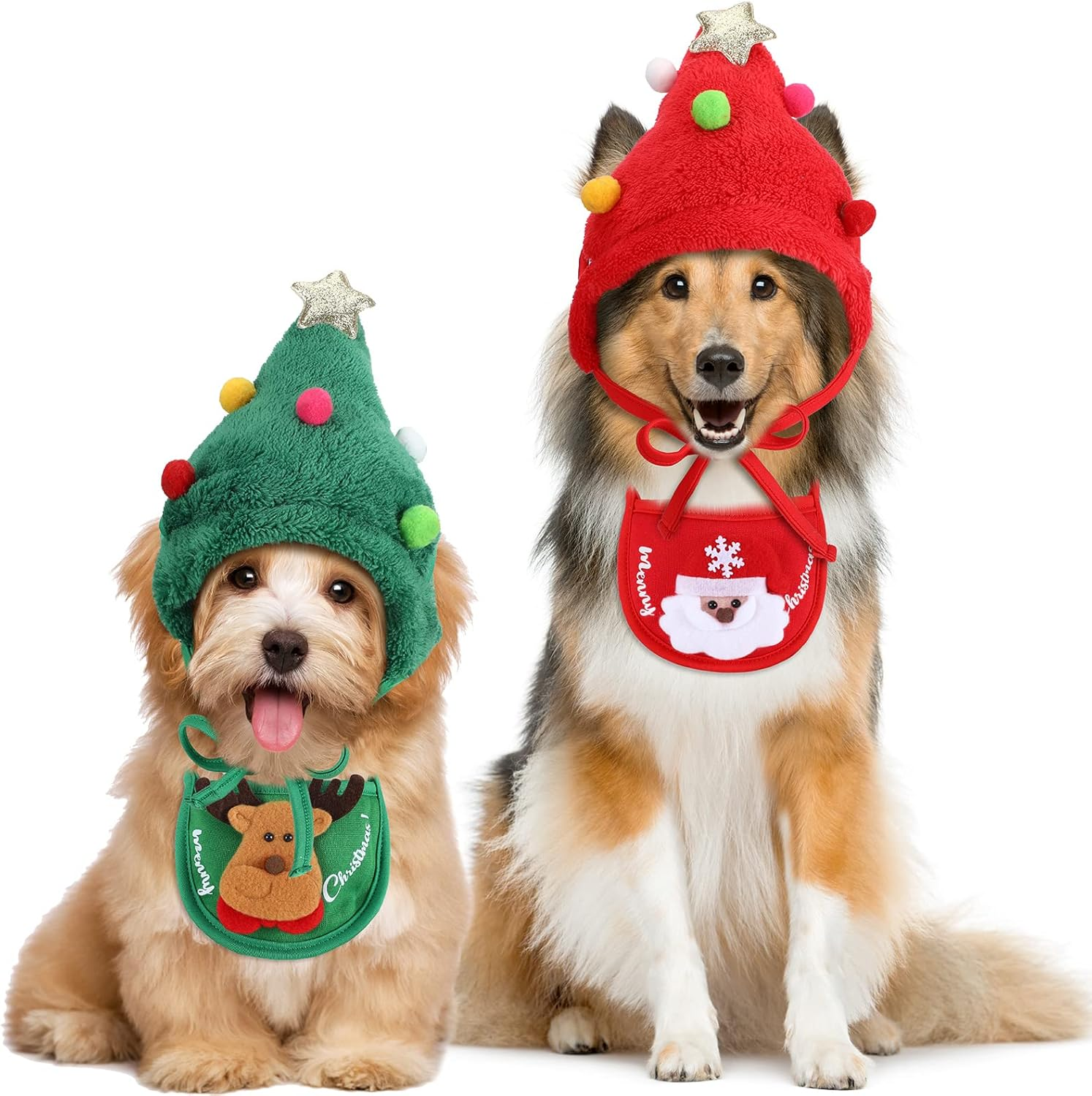 Lauwell 4 Pcs Christmas Dog Pet Costume Include 2 Christmas Tree Hat Small Dog Headgear and 2 Adjustable Collars Bib Santa Elf Cat Bib for Xmas Dog Cat Outfit Clothing Party Accessory image number 5