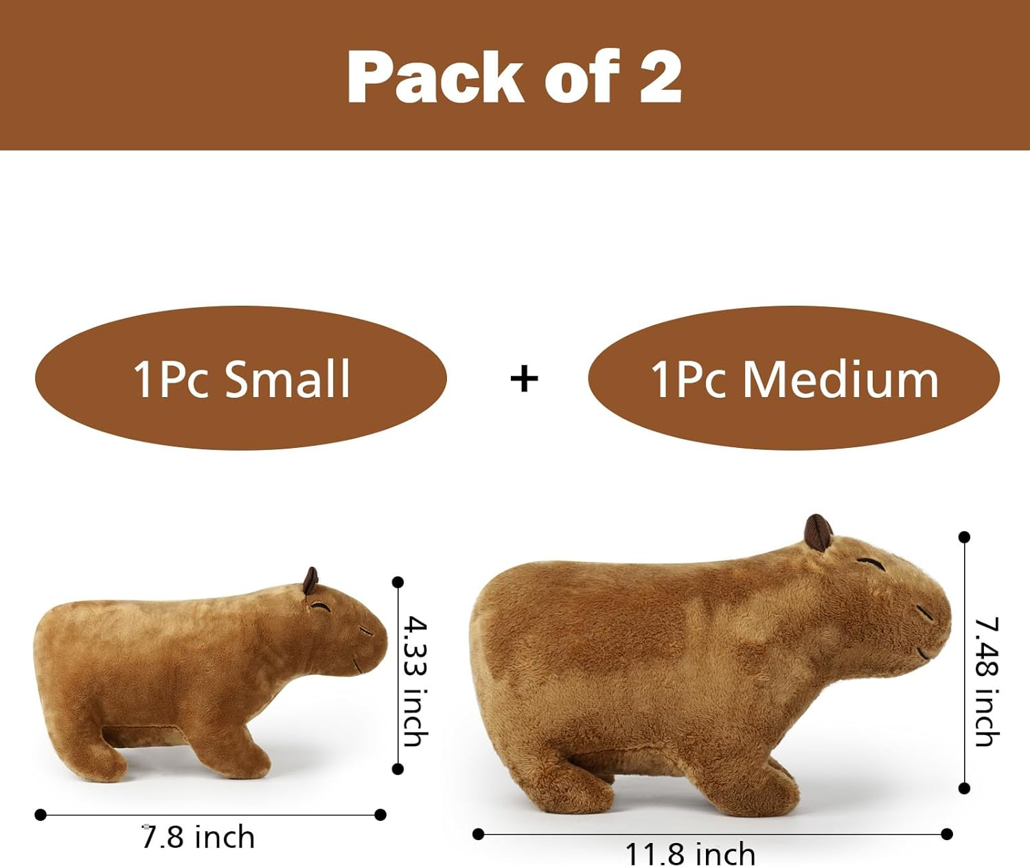 EVOLVEOVER Capybara Stuffed Animal,2Pcs Stuffed Capybara Plush Toy,Capybara Plushie Gifts(1Pc 7.8Inch + 1Pc 11.8Inch)
