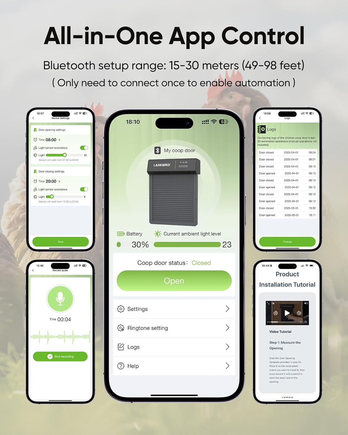 LARKBIRD Automatic Chicken Coop Door with Audio Recall Function, Solar Chicken Coop Door with Timer & Light Sensor, App Control Chicken Door with Anti-Pinch System (Yellow)