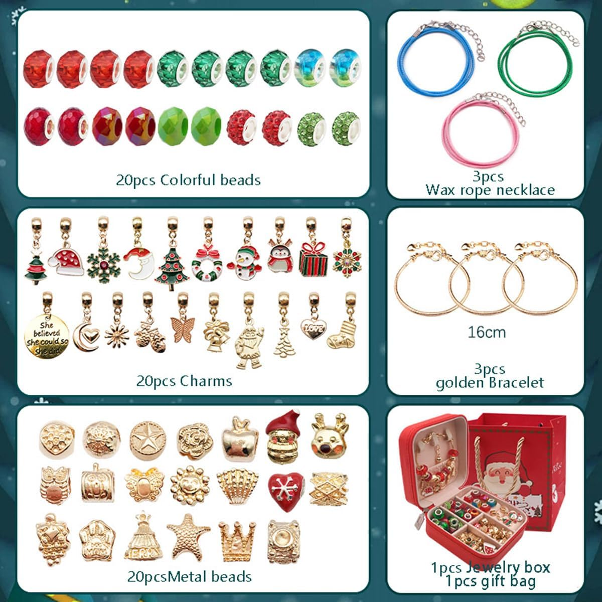 66Pcs Bracelet Making Kit for Girls, Charm Bracelets Kit with Jewelry Box, Jewelry Charms, Bracelets for DIY Craft, Gifts for Girls Ages 6-12 Years Old (Christmas) image number 6