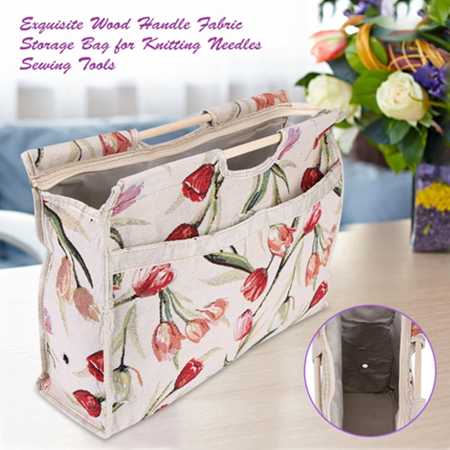 Fabric Storage Bag with Wood Handle, for Knitting Needles & Sewing Tools (Rose Jacquard) image number 2