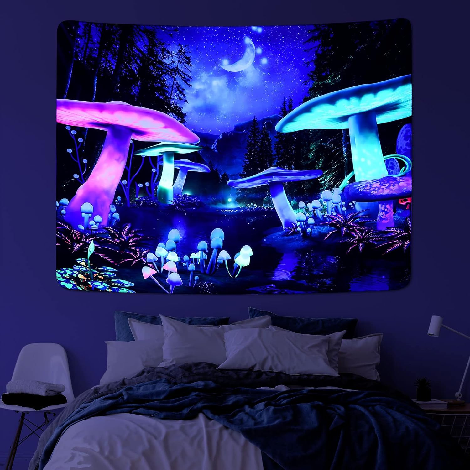 Mitogadget Blacklight Tapestry for Bedroom Aesthetic, Trippy Tapestry UV Reactive Galaxy Space Glow in the Dark, Fantasy Forest Moon Wall Tapestry for Dorm Living Room Decor, 59.1ʺ X 51.2ʺ image number 2