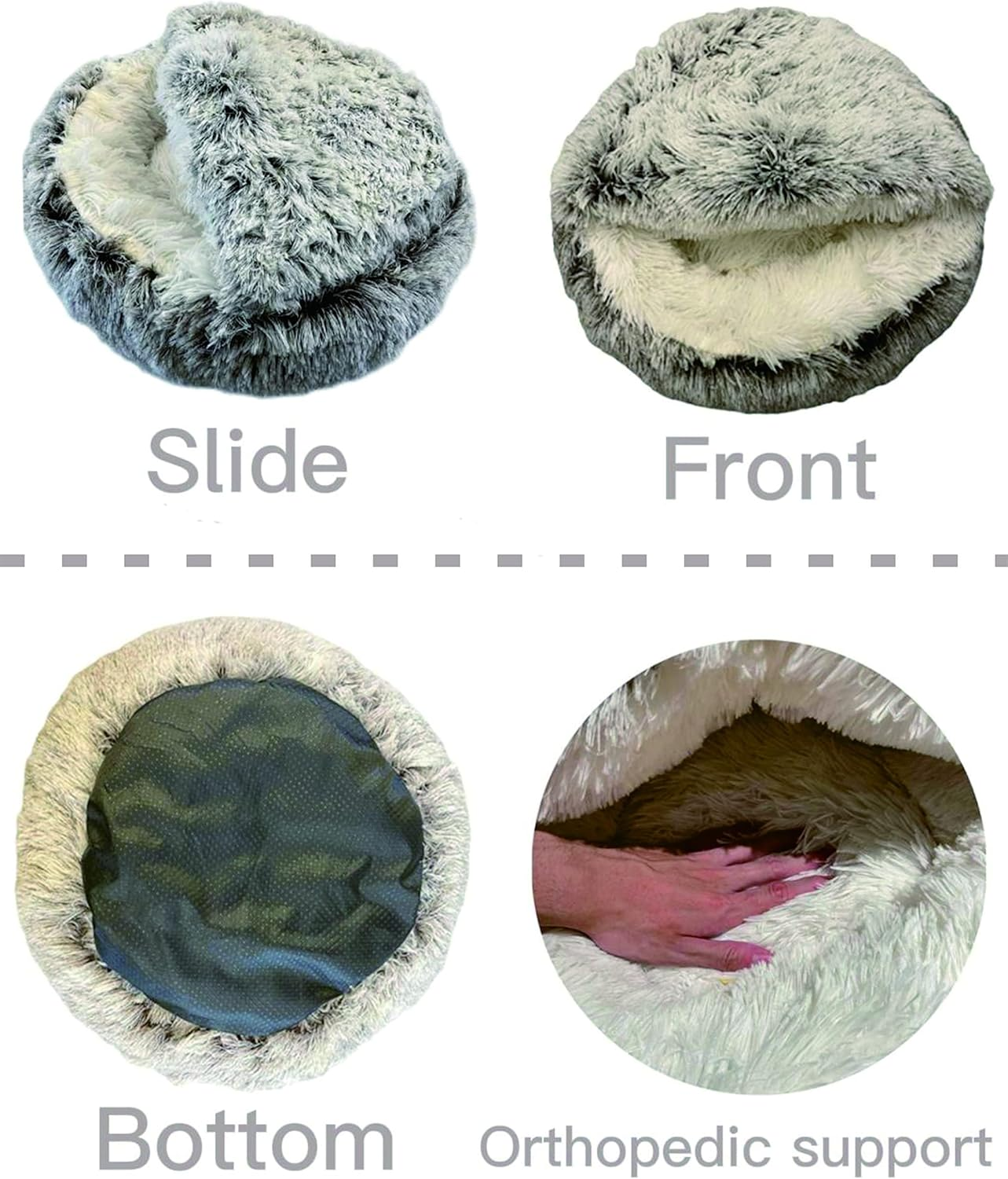 Cat Bed round Plush Fluffy Hooded Cat Bed Cave, Cozy for Indoor Cats or Small Dog Beds, Soothing Pet Beds Doughnut Calm Anti-Nxiety Dog Bed - Waterproof Bottom Washable (Grey, 60Cm) image number 2
