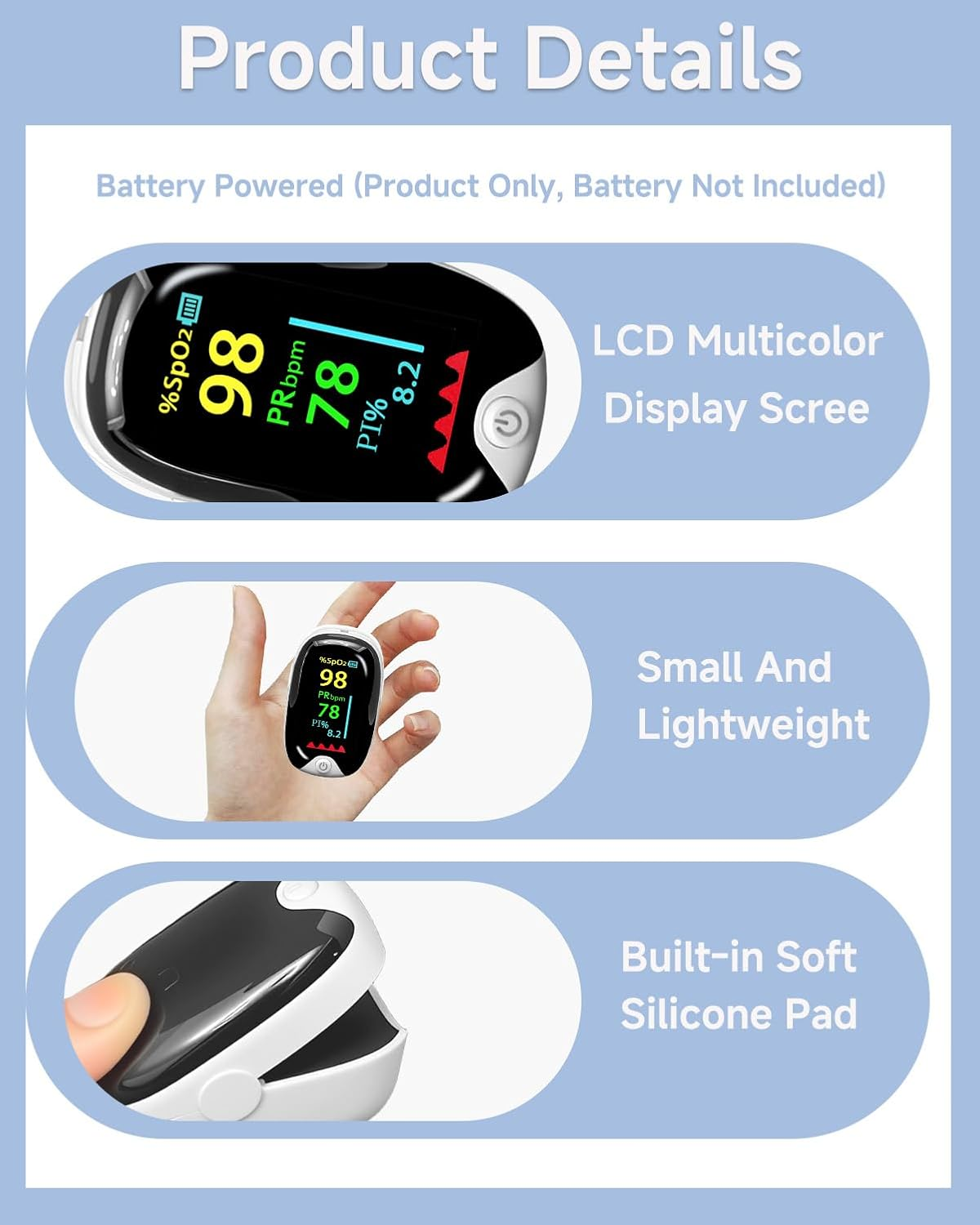 Pulse Oximeter & Heart Rate Monitor, Oxygen Saturation Monitor for Adults, LED Display, Nurse Accessories & Medical Supplies, Track of Oxygen Levels, White Gem Shape Design image number 6