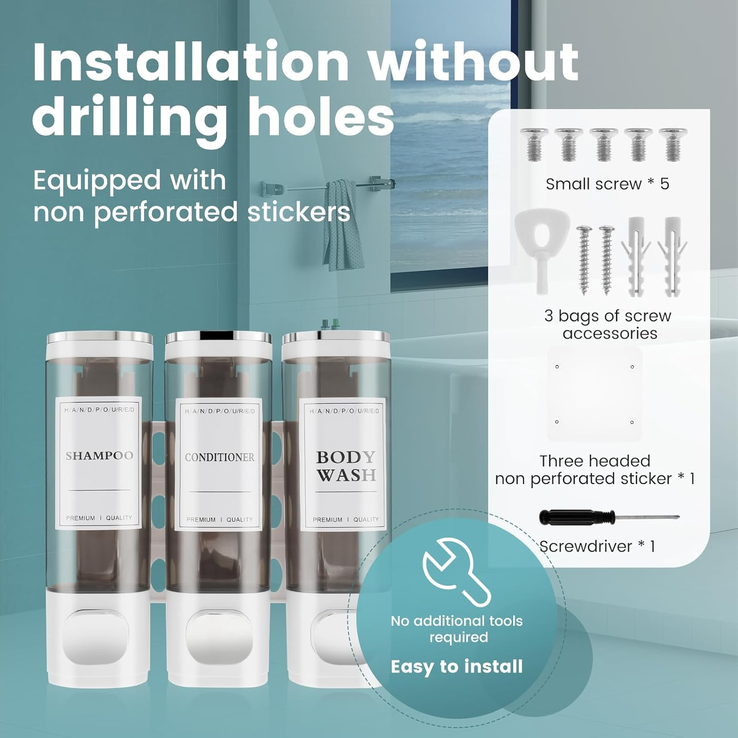 Fwqofvk 3 in 1 Shower Soap Dispenser 3 Chamber Bathroom Shower Dispensers No Drill Shampoo and Conditioner Dispenser Easy to Install Versatile Shampoo Dispenser Wall Mounted for Bathroom (White) image number 3