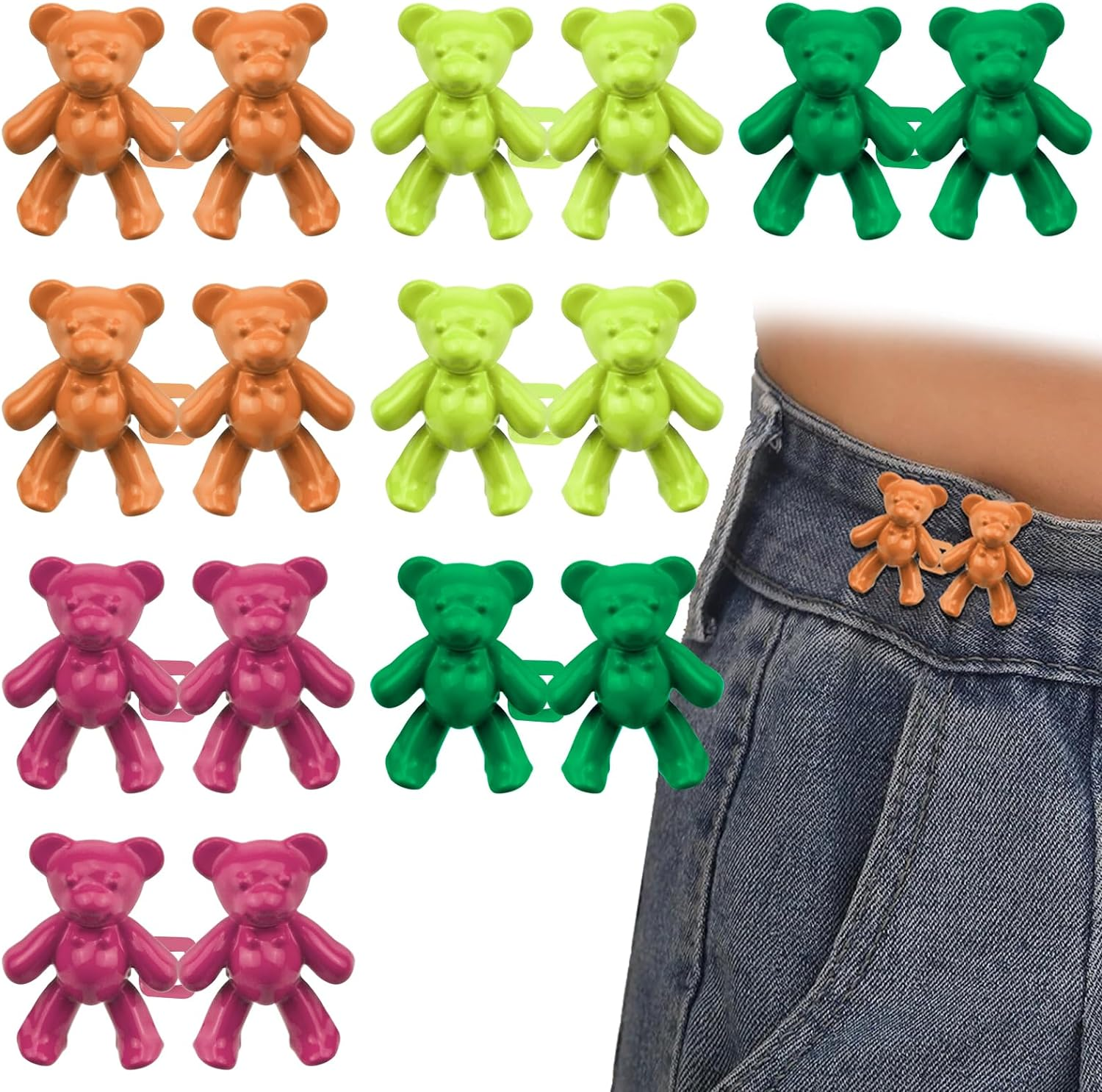 8 Pairs Cute Bear Jeans Button Pins for Clothing Pants No Sewing Detachable Waist Body Fit Tightening Buckles DIY Clothing Accessories for Women and Girls Skirt Jackets Jeans