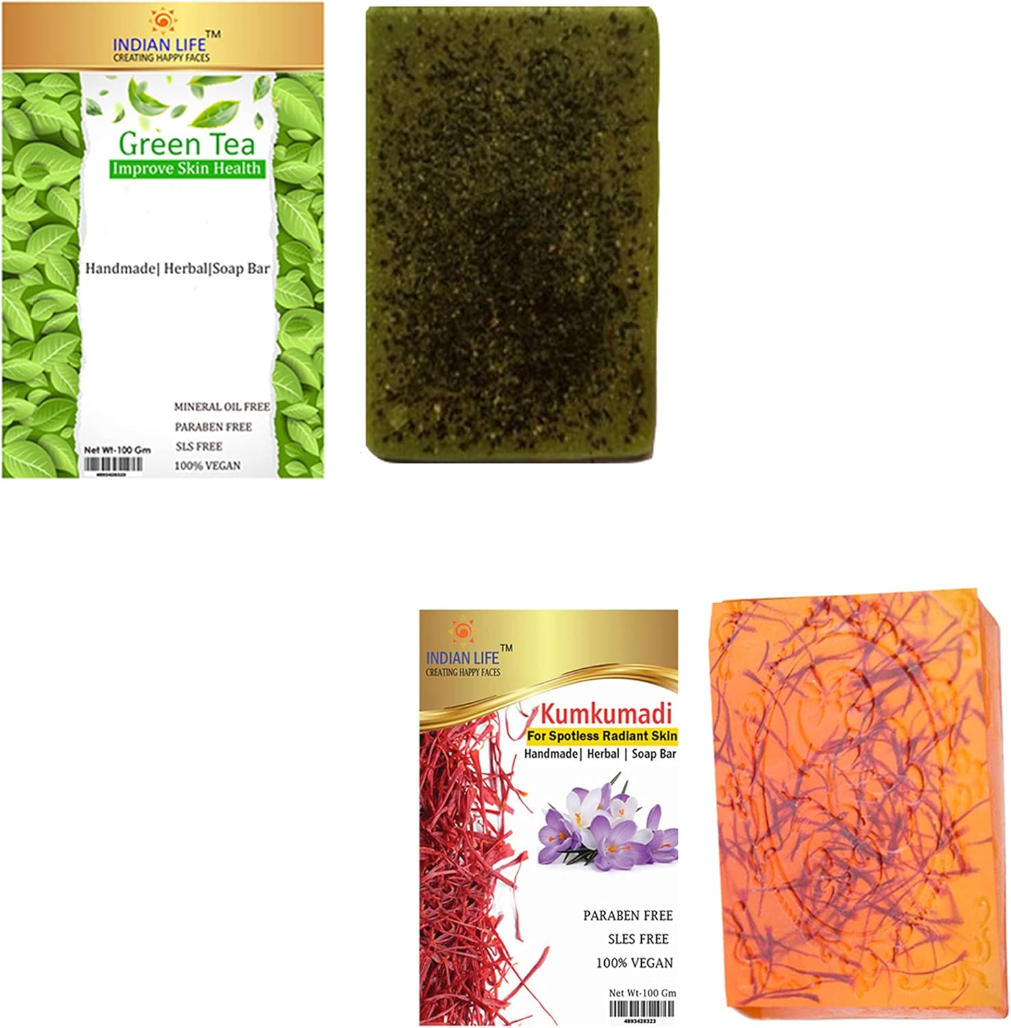 Green Tea and Bridal Kumkumadi Handmade Soap with Saffron,Pure Kumkumadi Oilparaben Free|Sls Free| Mineral Oil Free(Pack of 2) 100 Gm Each image number 5