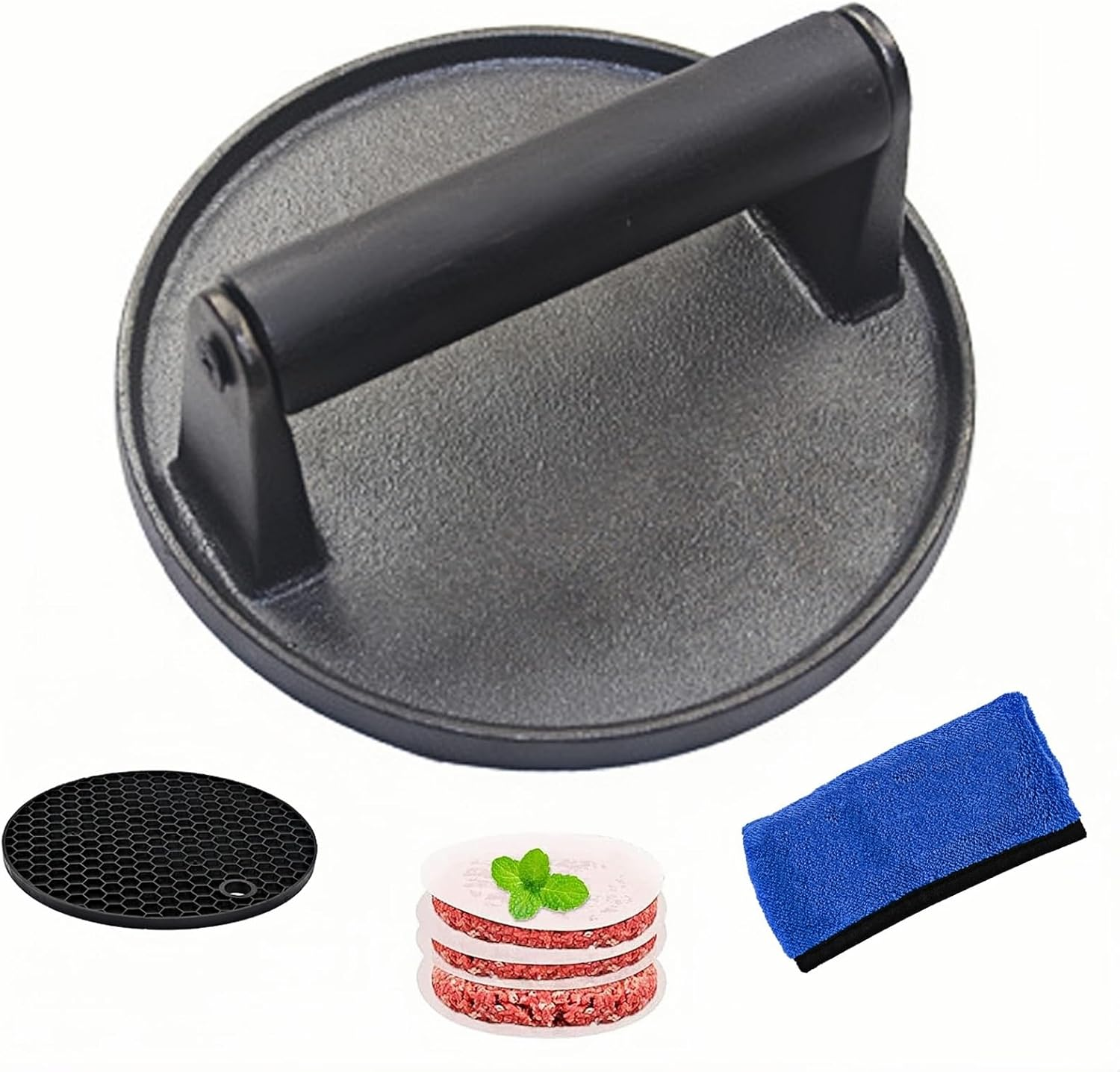 Premium Cast Iron Burger Press, Includes 100 Patty Papers, 14.5 Cm Silicone Heat Pad, Skillet with Ebony Handle Burger Grinder, Perfect Burger Press, Meat Press, Bacon Press, Sandwich Press image number 6