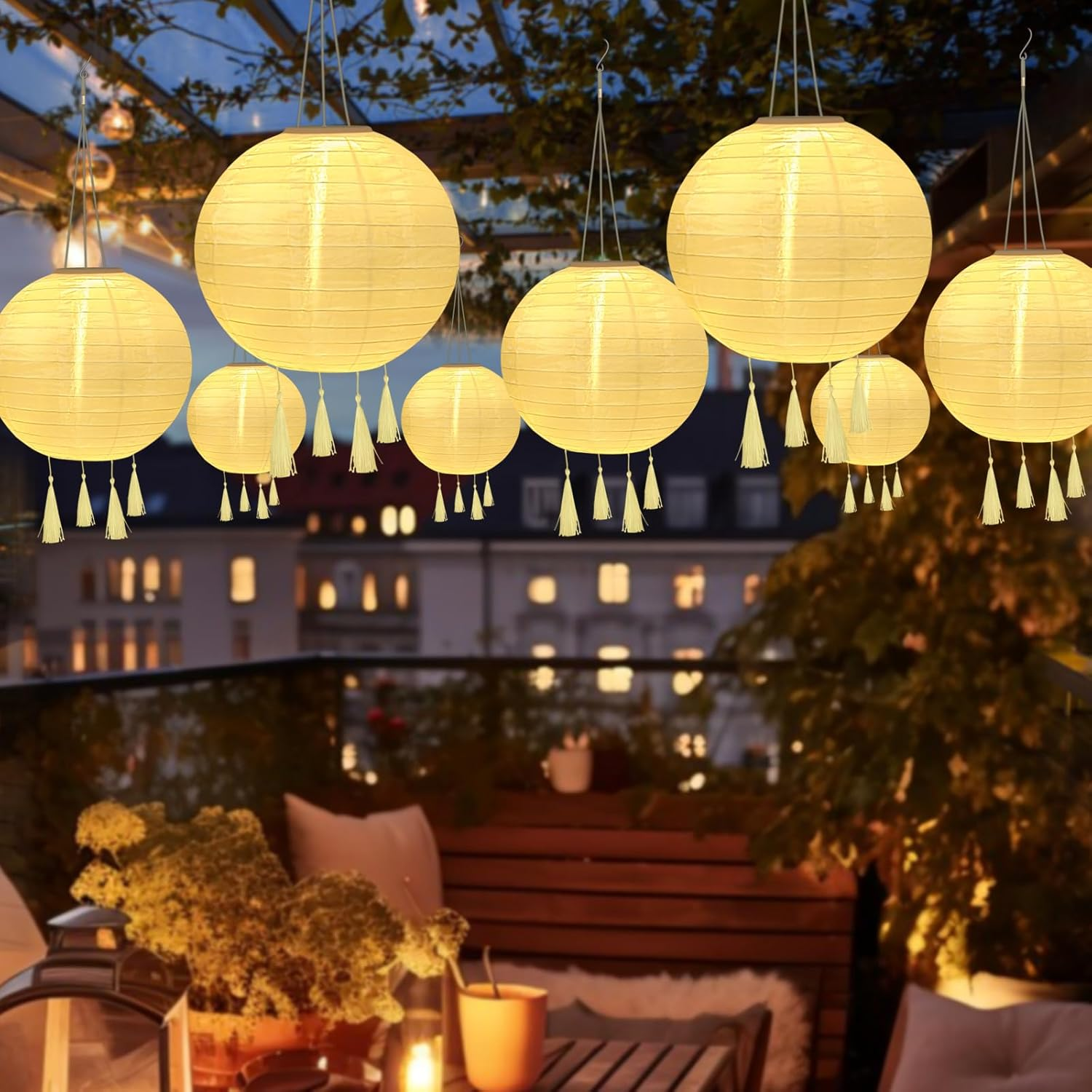 YIFMOO Solar Lanterns, Pack of 2 20 Cm Solar Lanterns, Outdoor Weatherproof, LED Waterproof Lantern with 4 Tassels, Hanging Nylon Lantern for Gardens, Yards, Balconies, Wedding Decoration (Warm White) image number 4