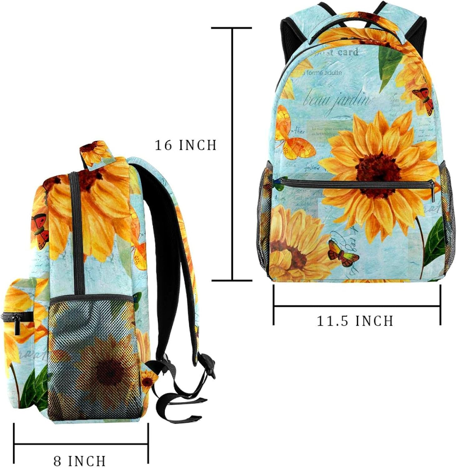 Vintage Style Watercolor Sunflowers and Butterflies Backpack Students Shoulder Bags Travel Bag College School Tote Backpacks