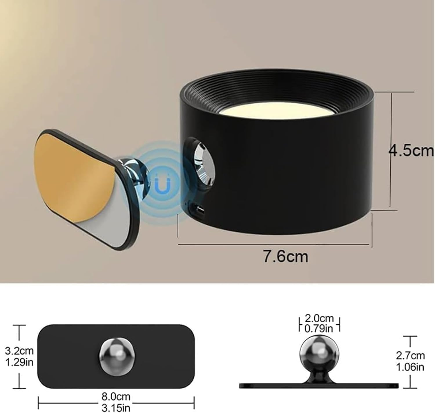 Wall Lights 360&deg;Rotate Rechargeable Touch Control Adjust 3 Brightness Levels Wall Mounted Lamp LED Wall Lights for Bathroom, Living Room, Kitchen (Wood)