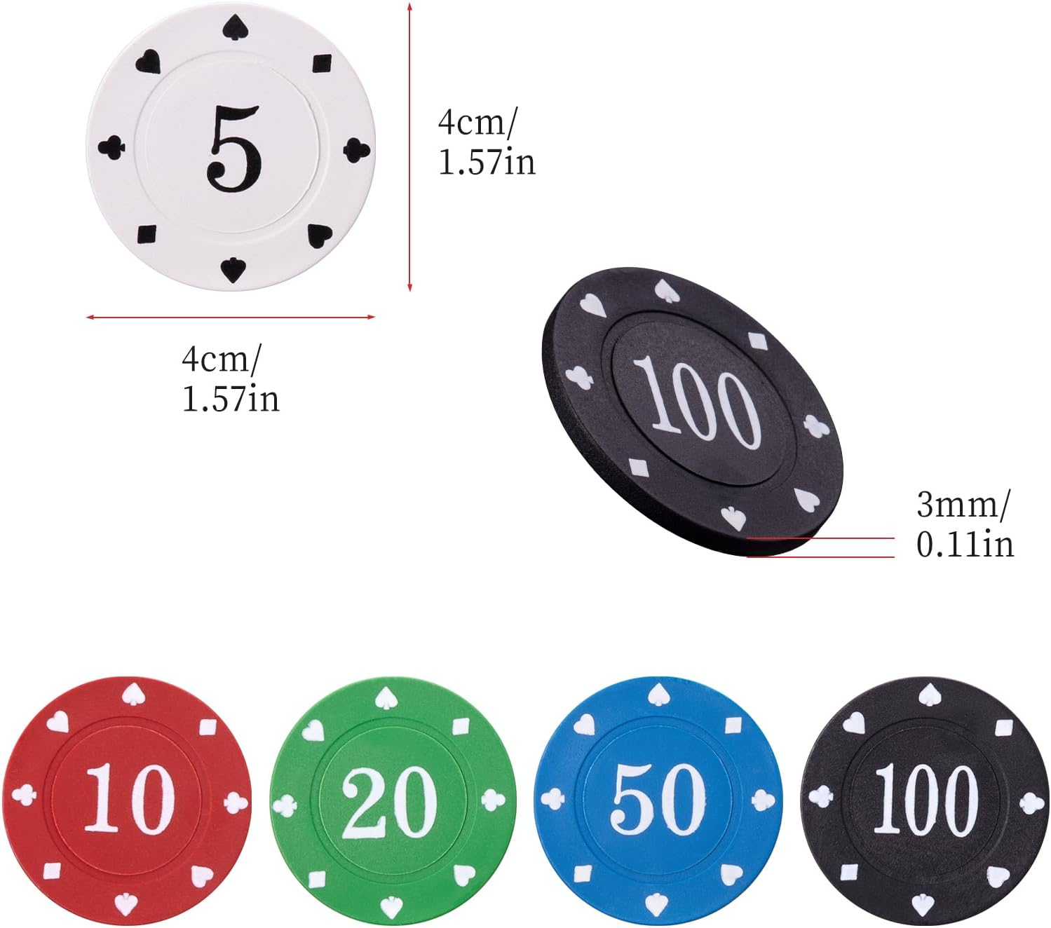 Poker Chips,Denomination Poker Chips Set with Black Velvet Pouch Bag,Plastic Learning Counters Disks and Learning Math Counting Chips,Game Night Party Supplies(100Pcs) image number 5