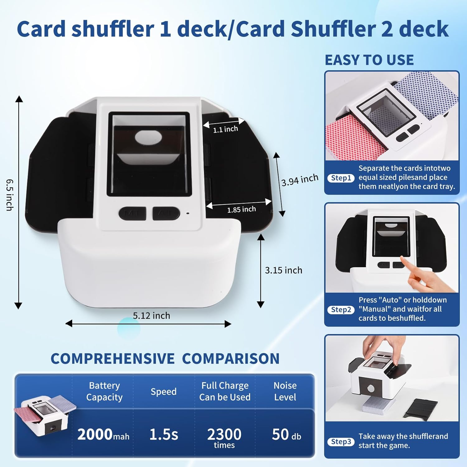 Quiet Automatic Card Shuffler 1-2 Deck, 2000 Mah USB-C Rechargeable Electronic Card Shuffler, One-Press AUTO and Manual Card Shuffle Machine for UNO Poker Blackjack Skip-Bo Phase 10 (White) image number 2