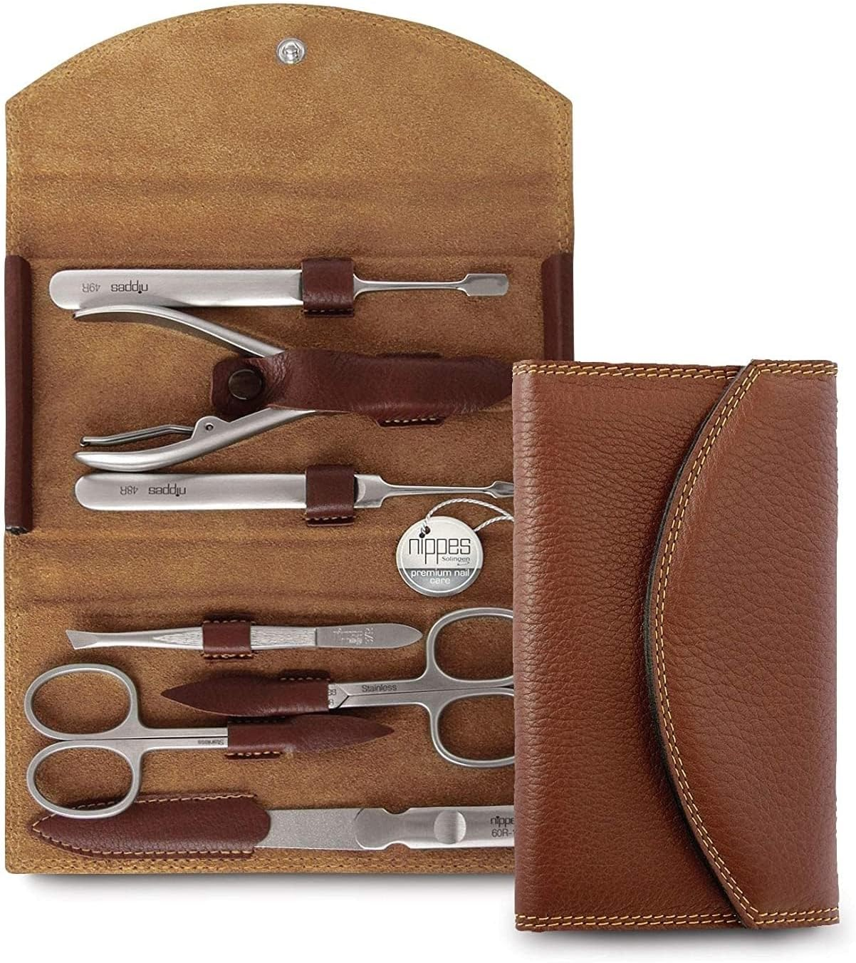 Nippes Solingen Classic Premium Manicure Set, 7 Pieces, Genuine Cowhide Leather Nail Case, Brown, Stainless Steel, Nickel and Rustproof, Nail Set, Nail Care Set, Made in Solingen/Germany image number 3