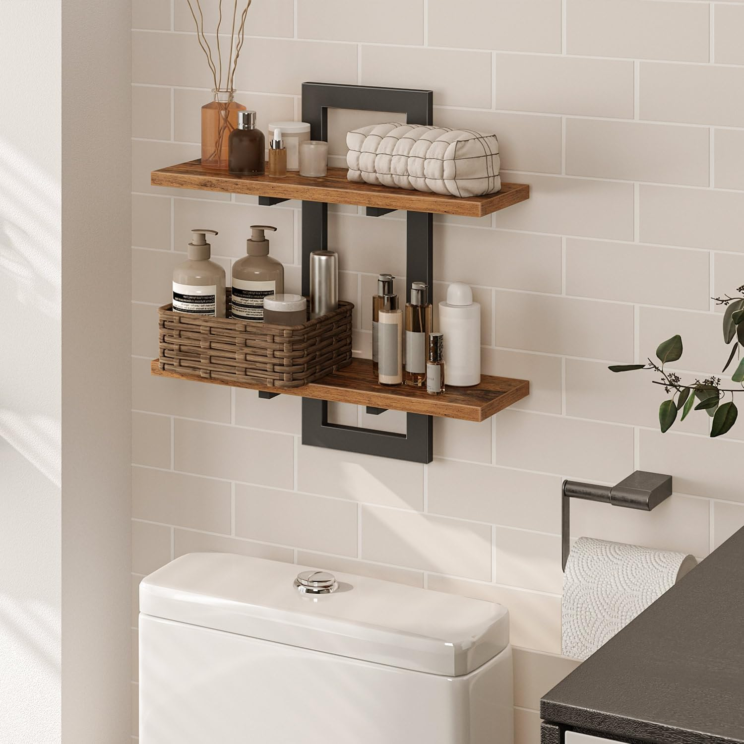 Nestcharm Floating Shelves Set of 2, Hanging Bathroom Shelves for Living Room, Bedroom, Kitchen &15-Inch & Rustic Brown & Black image number 3