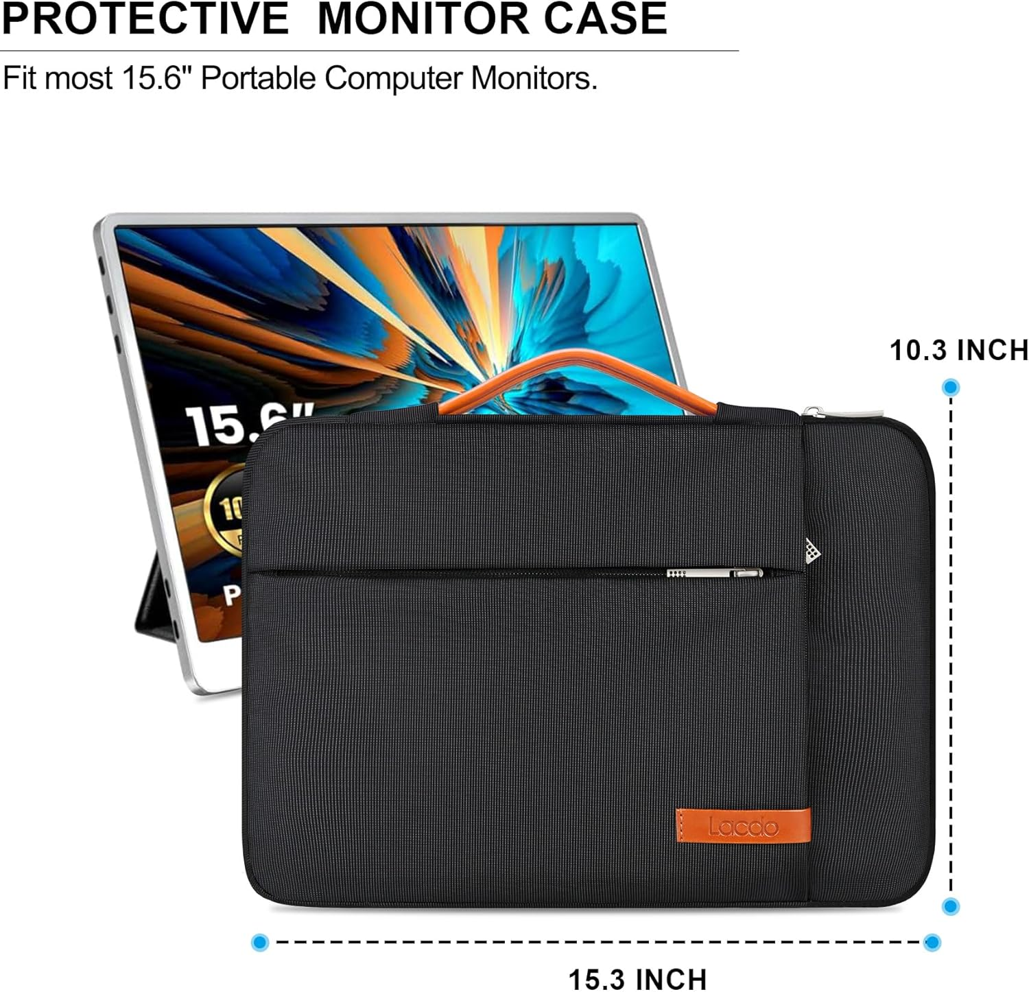 Lacdo 15.6 Inch Portable Monitor Case for Computer Laptop Display, External Monitors Protective Carrying Sleeve Bag with Accessory Pocket, Black image number 3
