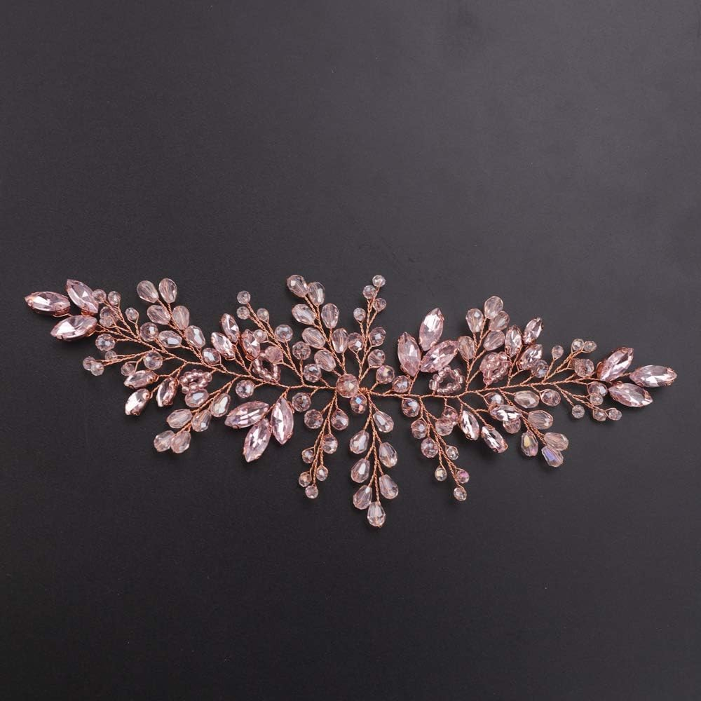 Bride Hair Accessories Pink Crystal Hair Vine Gold Headband Evening Party Prom Women Hair Piece Vintage Wedding (Pink, One Size)