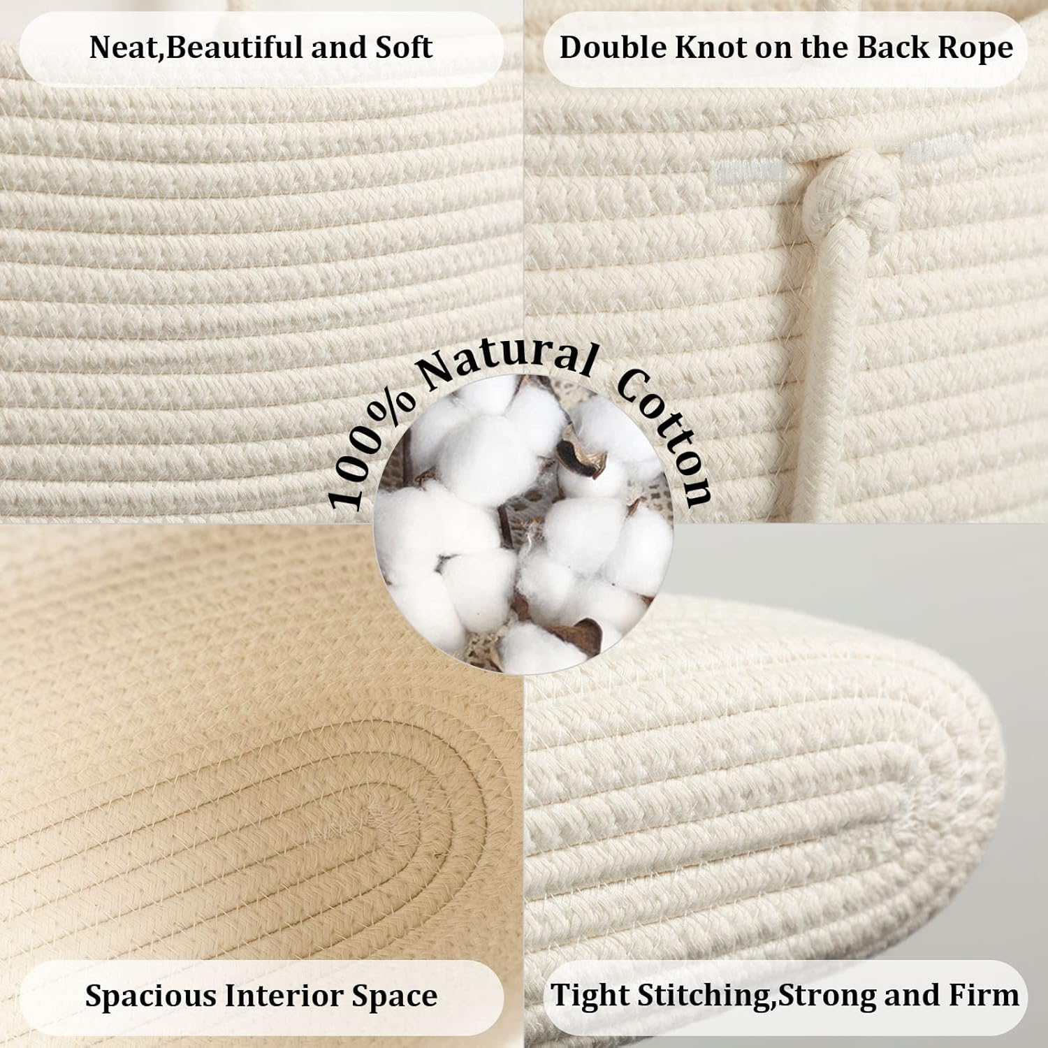 Teokj over the Door Hanging Baskets, 3-Tier Woven Cotton Storage Organizer Bag with Hooks Wall-Mounted Decorative Nursery Kitchen Baskets - White image number 4