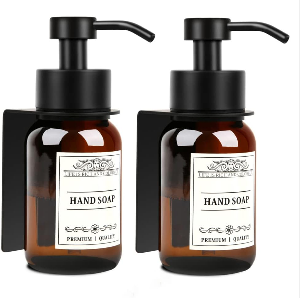 Glass Soap Dispenser with Pump and Wall Mount Holder,8.5 Oz Shampoo and Conditioner Dispenser with Waterproof Labels(Brown)