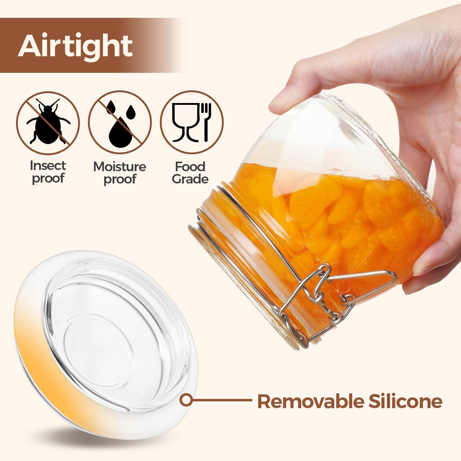 Comsaf Airtight Glass Canister Set of 6 with Lids 17Oz Food Storage Jar round - Storage Container with Clear Preserving Seal Wire Clip Fastening for Kitchen Canning Cereal,Pasta,Sugar,Beans,Spice image number 3