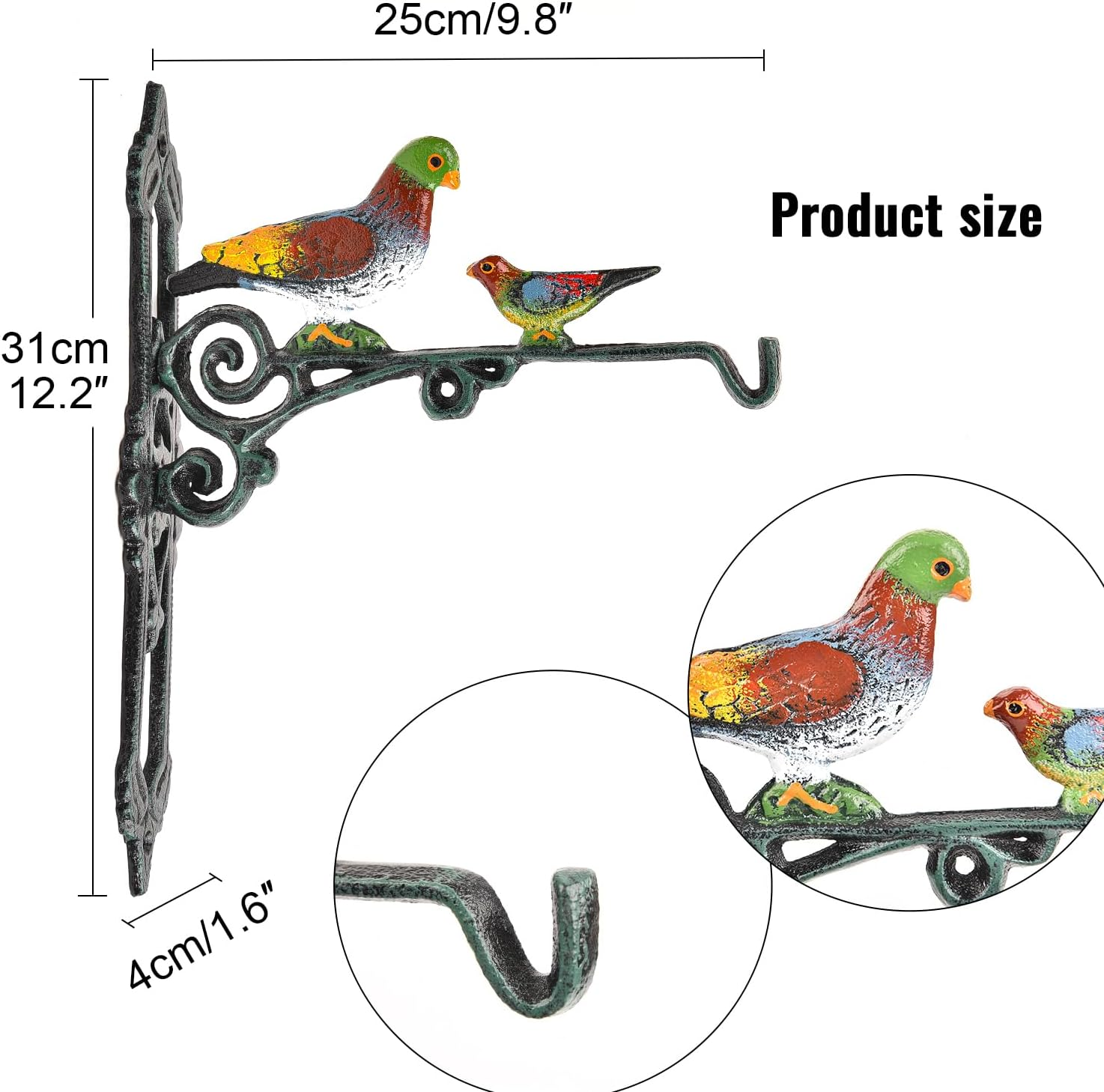Sungmor Cast Iron Hanging Plant Bracket, 2 Pack Heavy Duty Hanging Basket Brackets, 10" Deep Outdoor Wall Plant Hangers, Decorative Garden Hooks for Flower Basket Bird Feeder Wind Chime Solar Light - Brown - 2Pcs  10 Inch image number 6