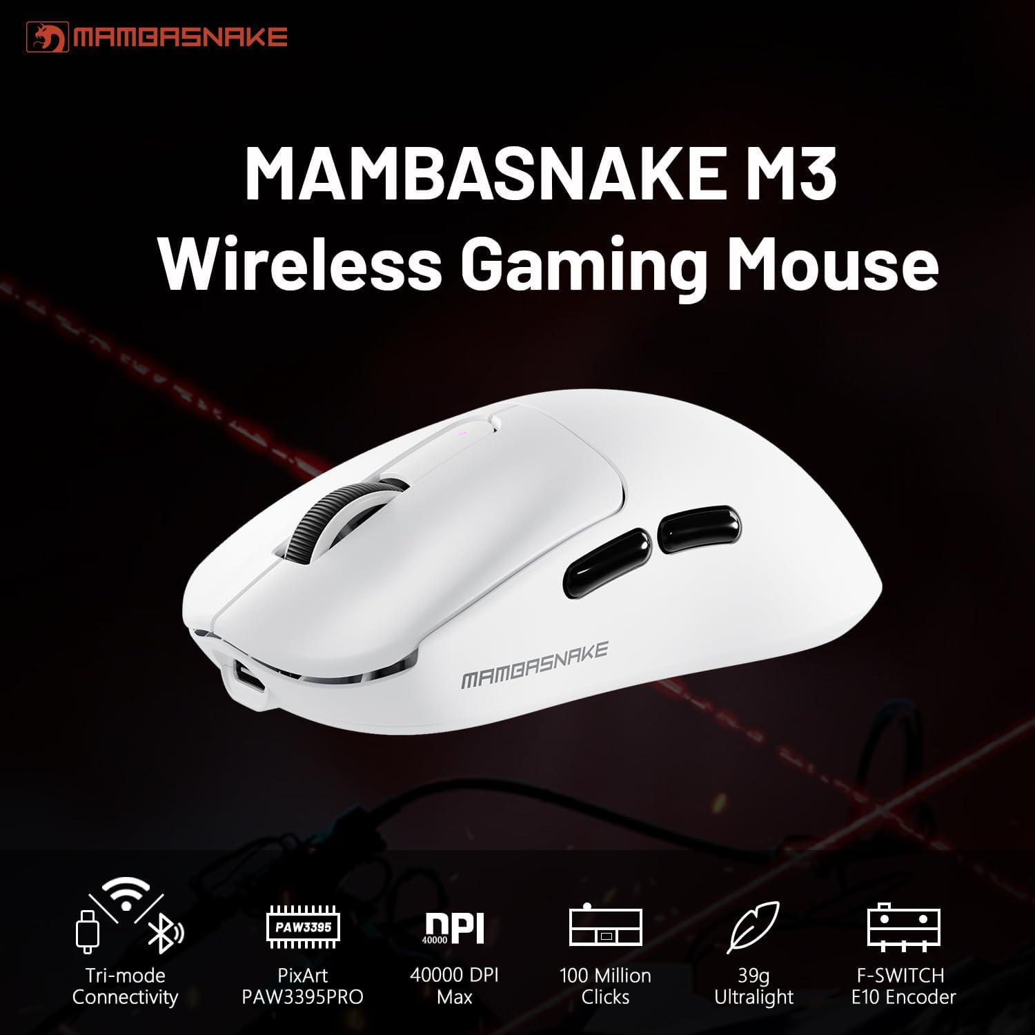 MAMBASNAKE M3 Wireless Gaming Mouse, 40K DPI, 39G Lightweight Gaming Mouse, PAW3395PRO Optical Sensor,Tri-Mode BT5.1/2.4G/USB-C PC Game Mice, Programmable Buttons,300Mah Battery for Pc/Laptop/Mac/Win image number 1