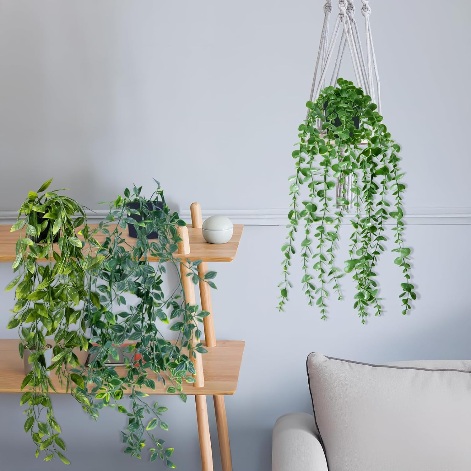 IHKFILAN Artificial Hanging Plant, 3 Packs Fake Plants, Artificial Hanging Plants Potted Greenery Decor, Eucalyptus Mandala Snow Pea Vine in Pot Plants for Office Farmhouse Home Indoor Outdoor Decor image number 1