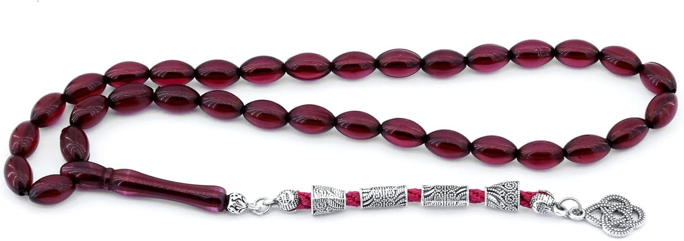 Handcrafted Red Powder Amber Prayer Beads &ndash; Barley Cut Misbaha with Tugra Metal Tassel &ndash; Islamic Tasbih for Men &ndash; 20 Beads &ndash; Non-Elastic Thread