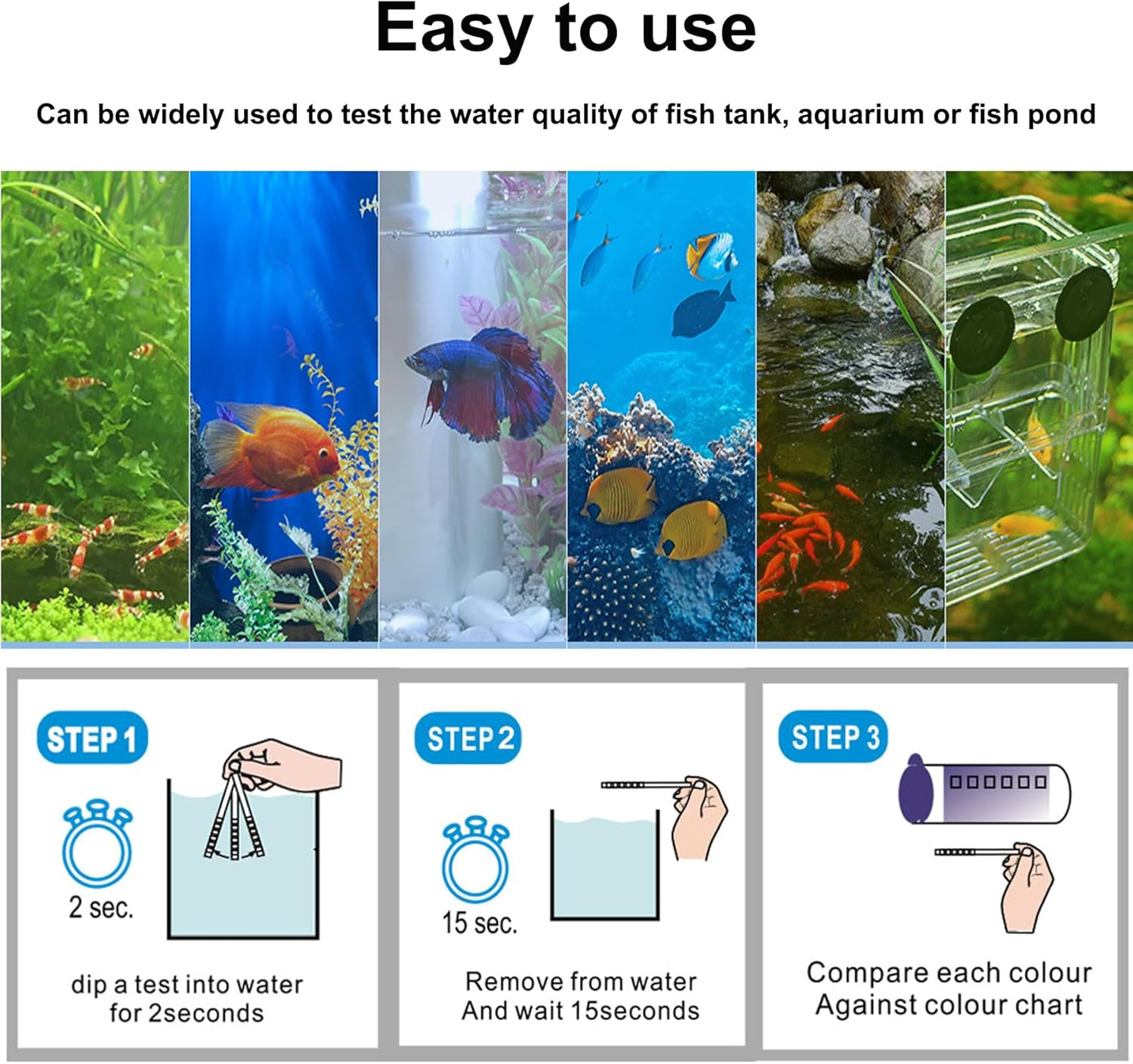 Aquarium Test Strips, 7 in 1 Fish Tank Test Strips, 100 Strips Aquarium Water Test Kit, Freshwater Test Kit for Test PH, Carbonate, Hardness, Total Chlorine, Free Chlorine, Nitrite, Nitrate image number 3