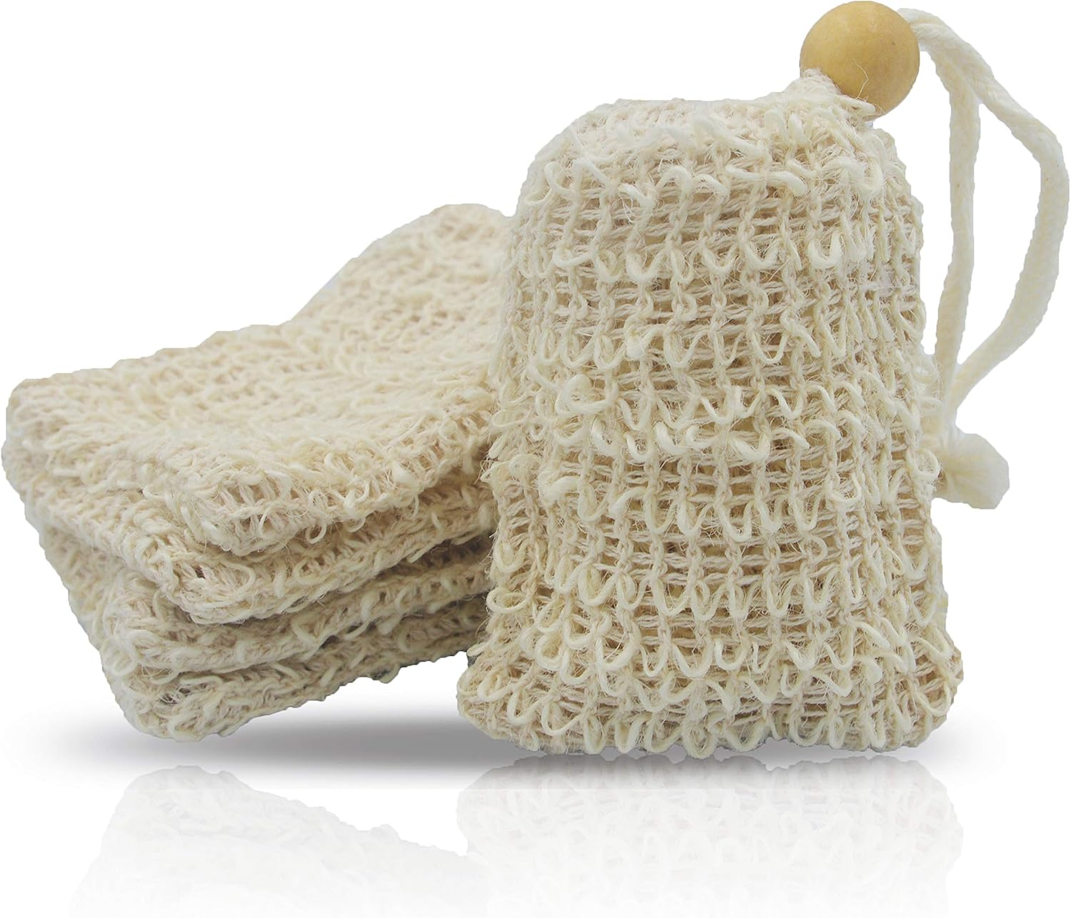 Bleu Bath (5 Pack) Mini Size Natural Exfoliating Loofah Pouch Sisal Ramie Soap Saver Bag Soap Lather Scrubber with Drawstring and Wooden Bead Holder