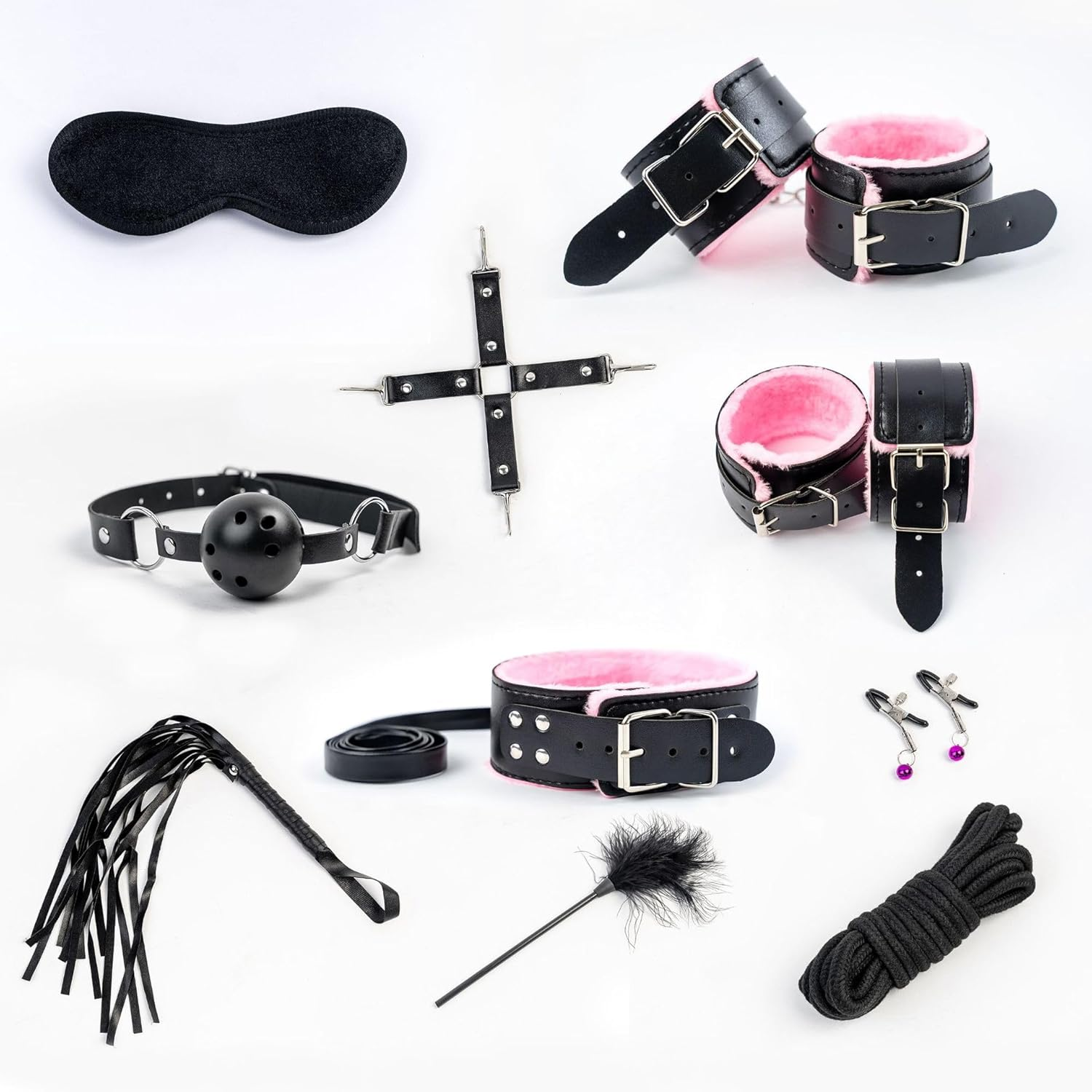10 PCS S&M Game Tool Set for Women Men Beginners Leather Bundled Binding Set Couples Sex Adjustable Comfortable Couple Beginner＇S Toys (Color : Black+Pink) image number 1